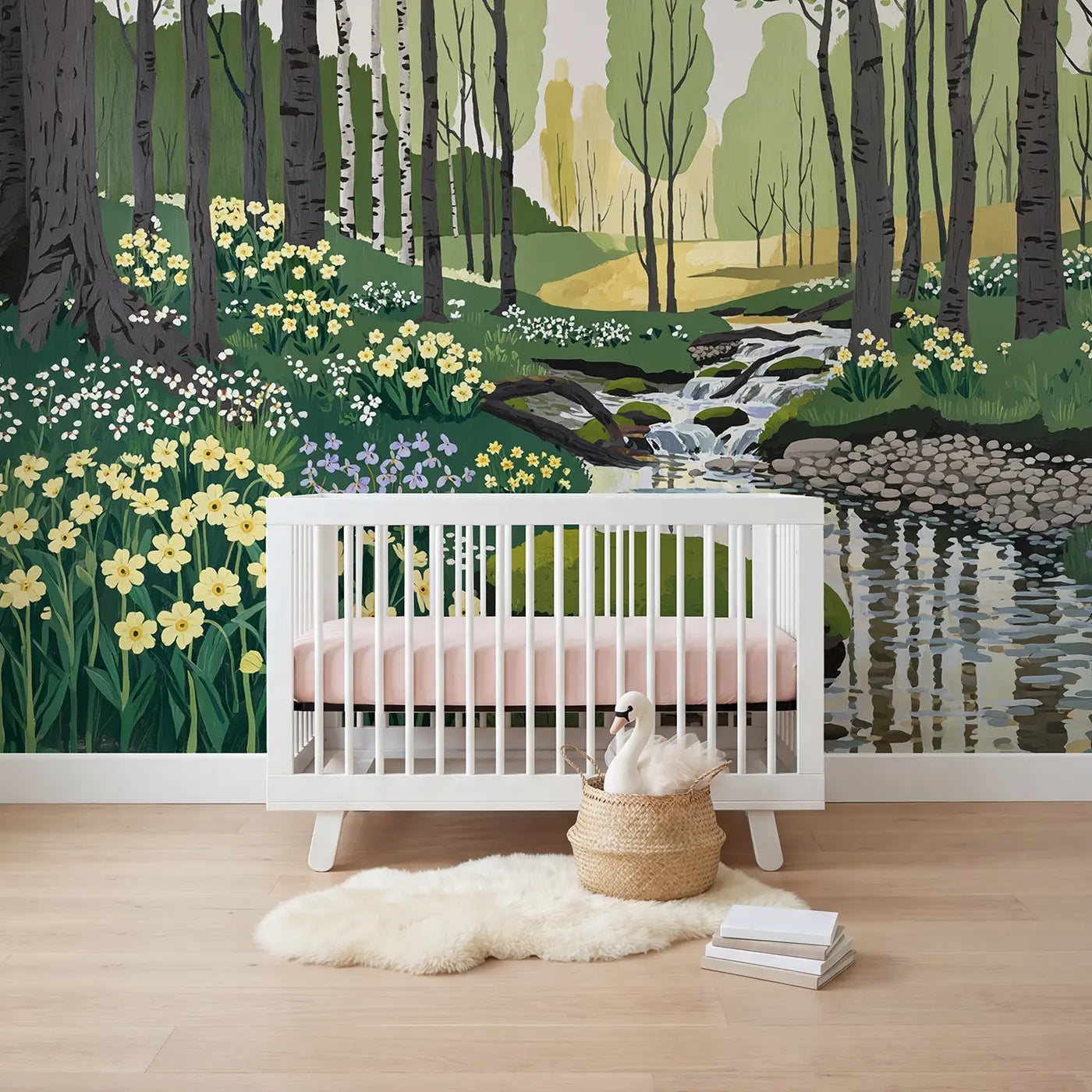 modern illustration primrose woodland stream wallpaper mural for nursery by Whimsy Tots