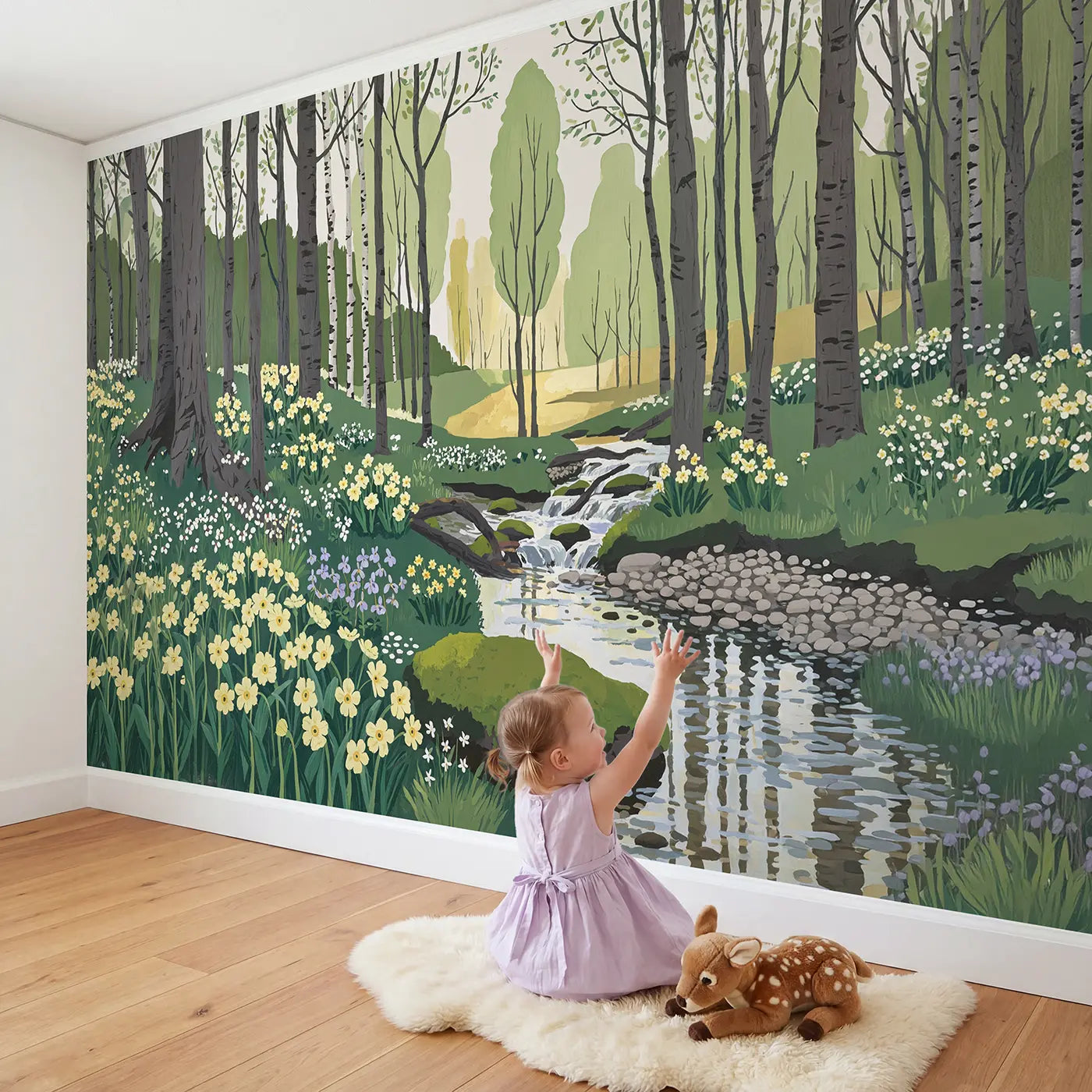 Child in nursery with Primrose Woodland Stream Wallpaper Mural by Whimsy Tots