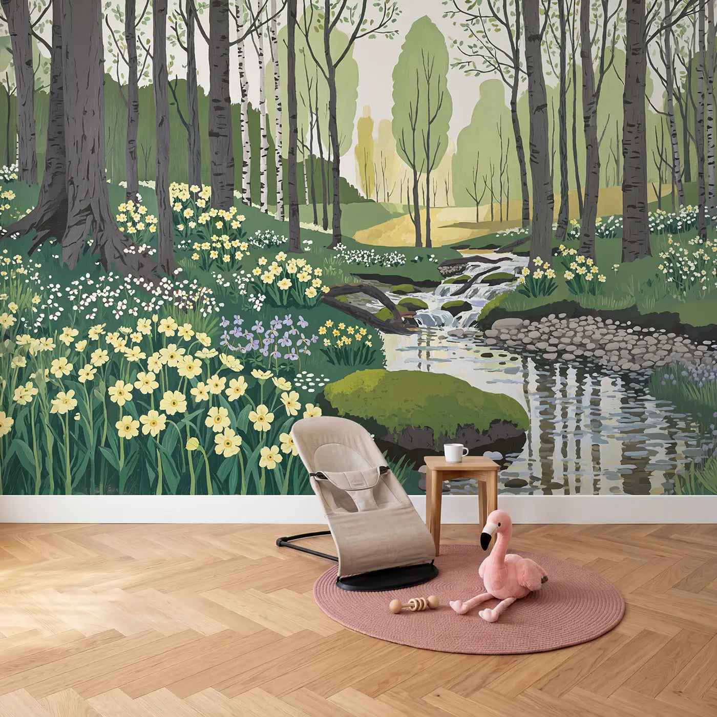 Primrose Woodland Stream Wallpaper Mural in playroom setting by Whimsy Tots