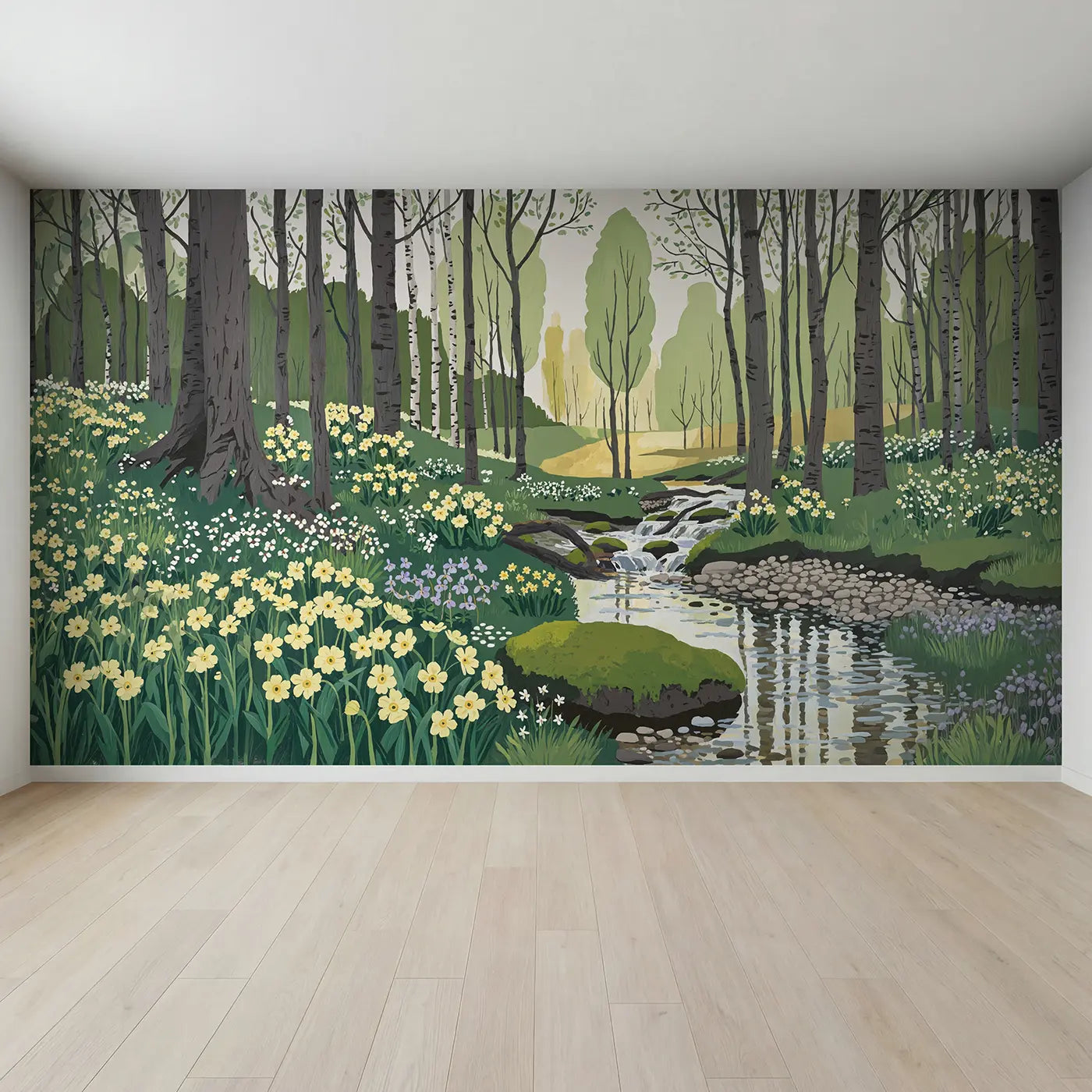 Full view of Primrose Woodland Stream Wallpaper Mural by Whimsy Tots