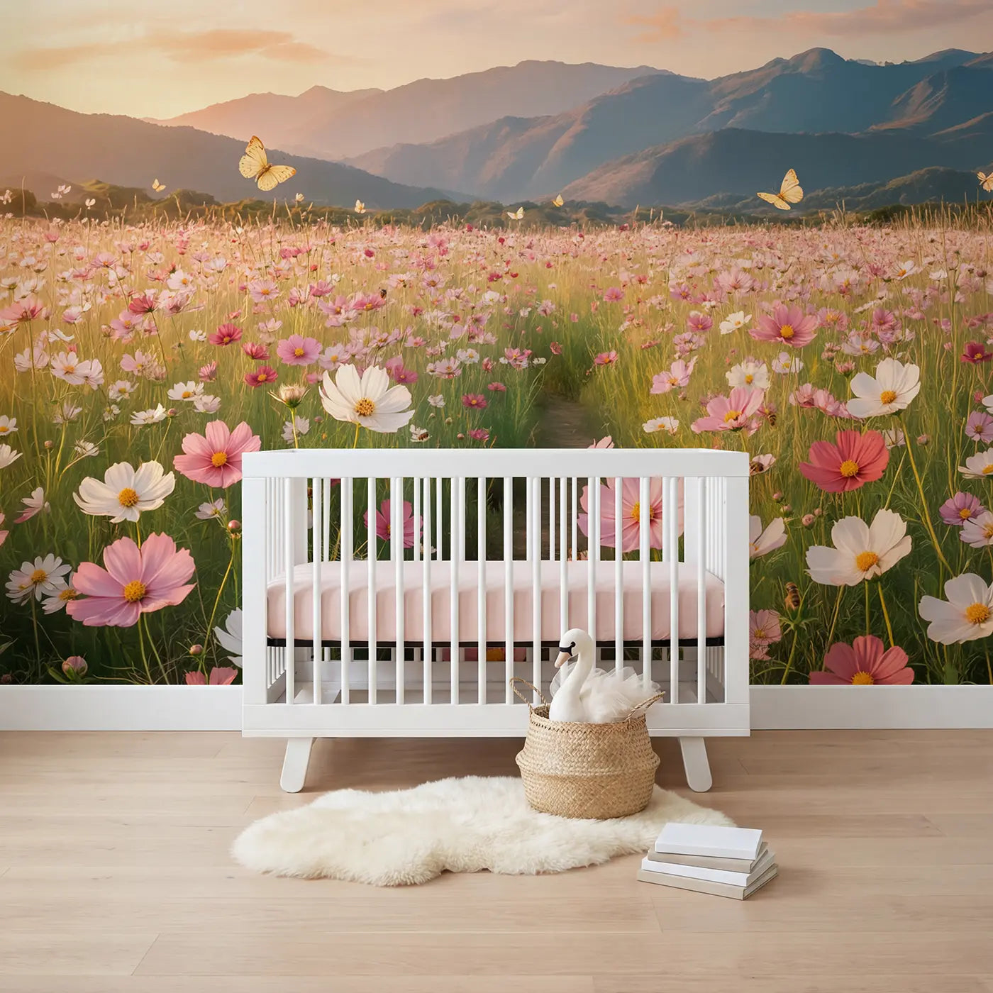 Soft Pastel cosmos meadow mountain view wallpaper mural for nursery by Whimsy Tots