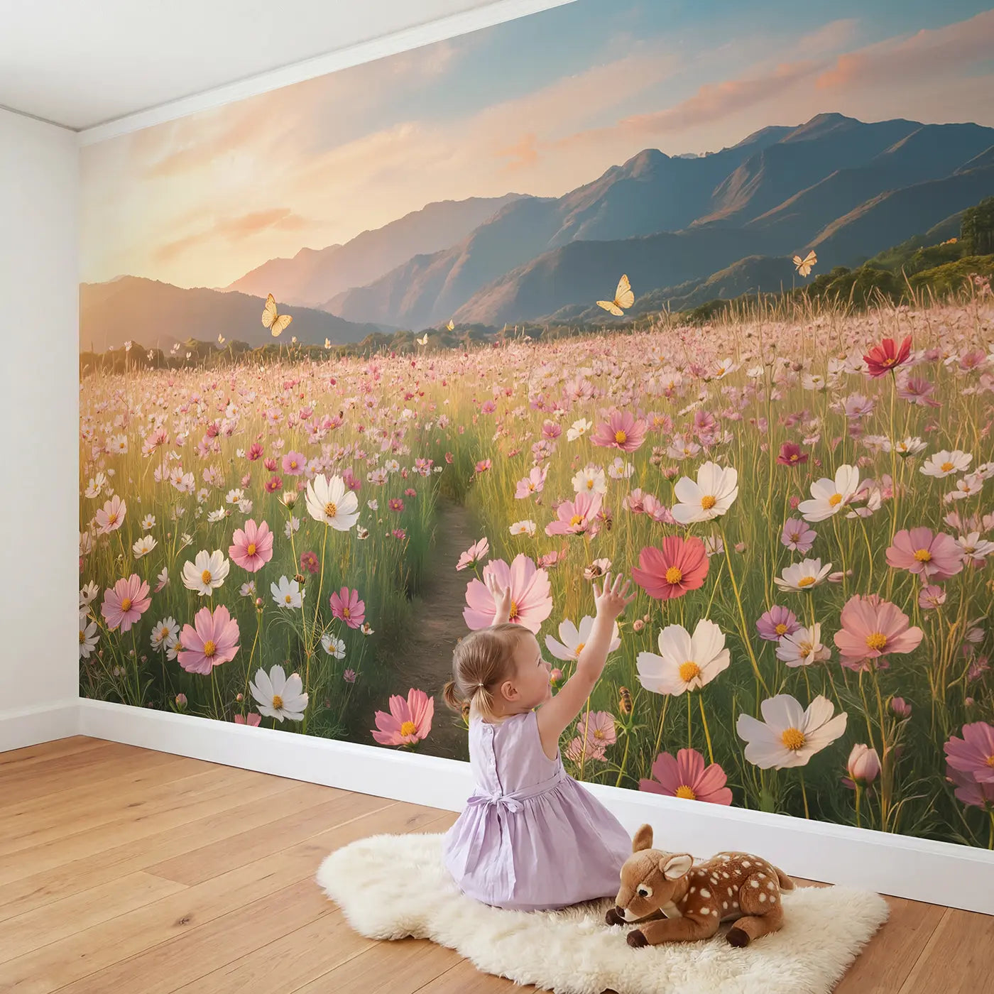 Child in nursery with Cosmos Meadow Mountain View Wallpaper Mural by Whimsy Tots