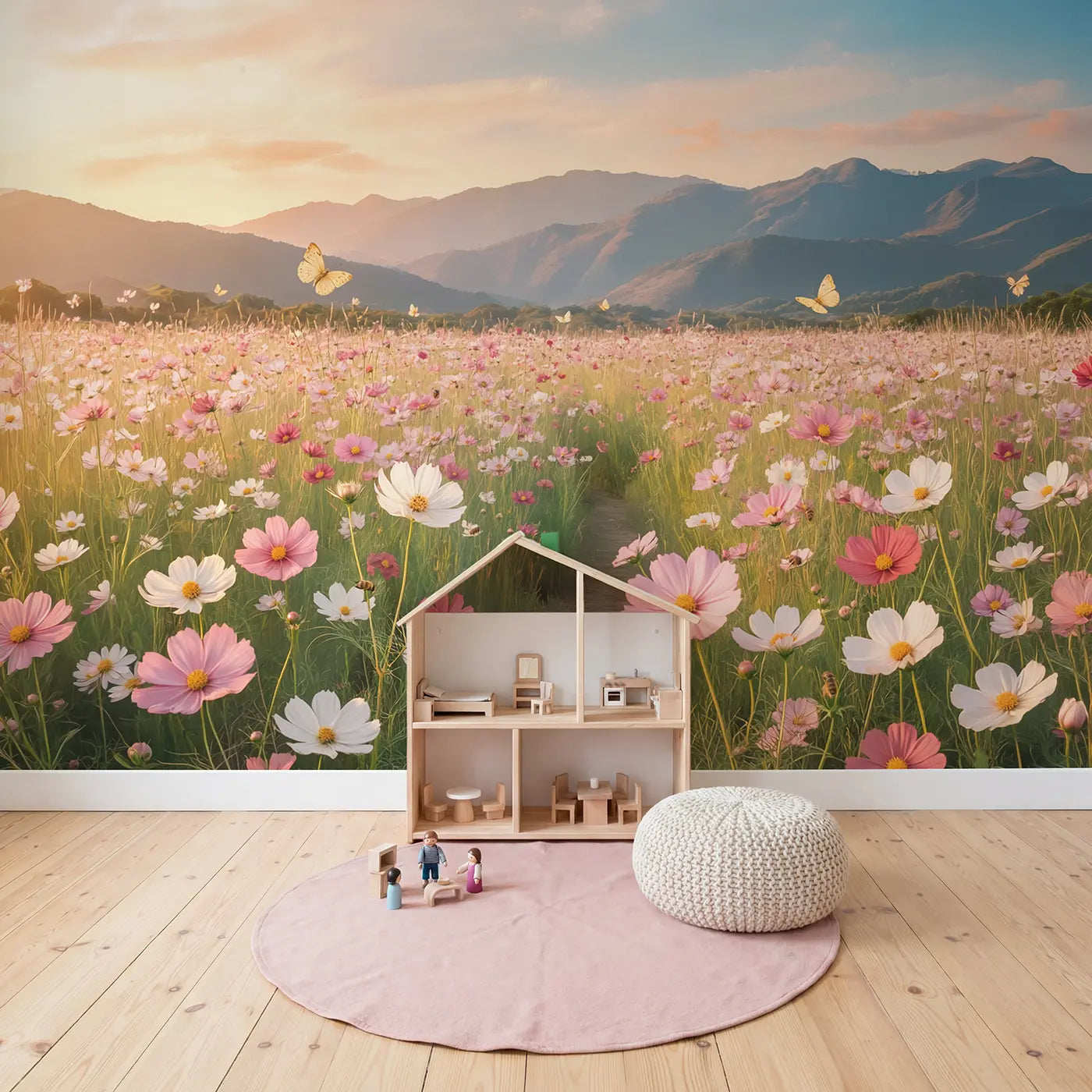 Cosmos Meadow Mountain View Wallpaper Mural in playroom setting by Whimsy Tots