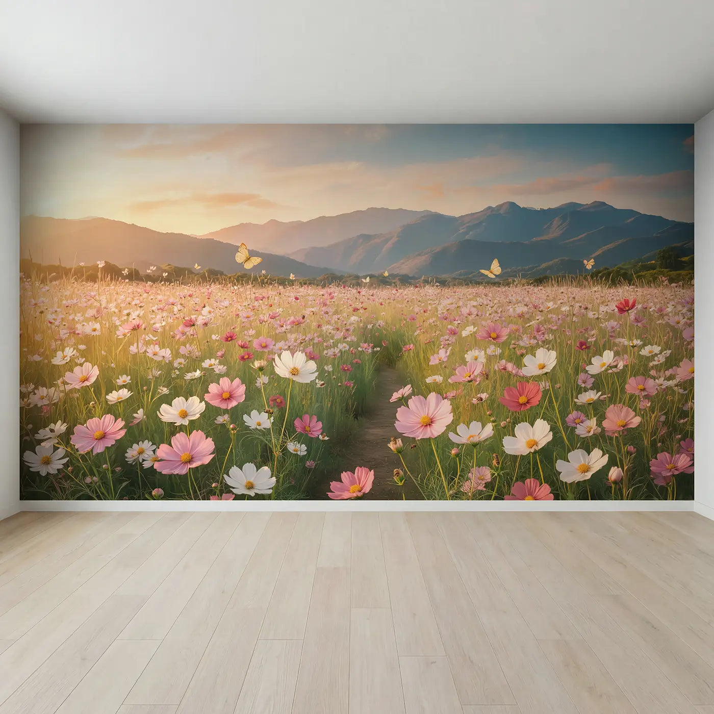 Full view of Cosmos Meadow Mountain View Wallpaper Mural by Whimsy Tots