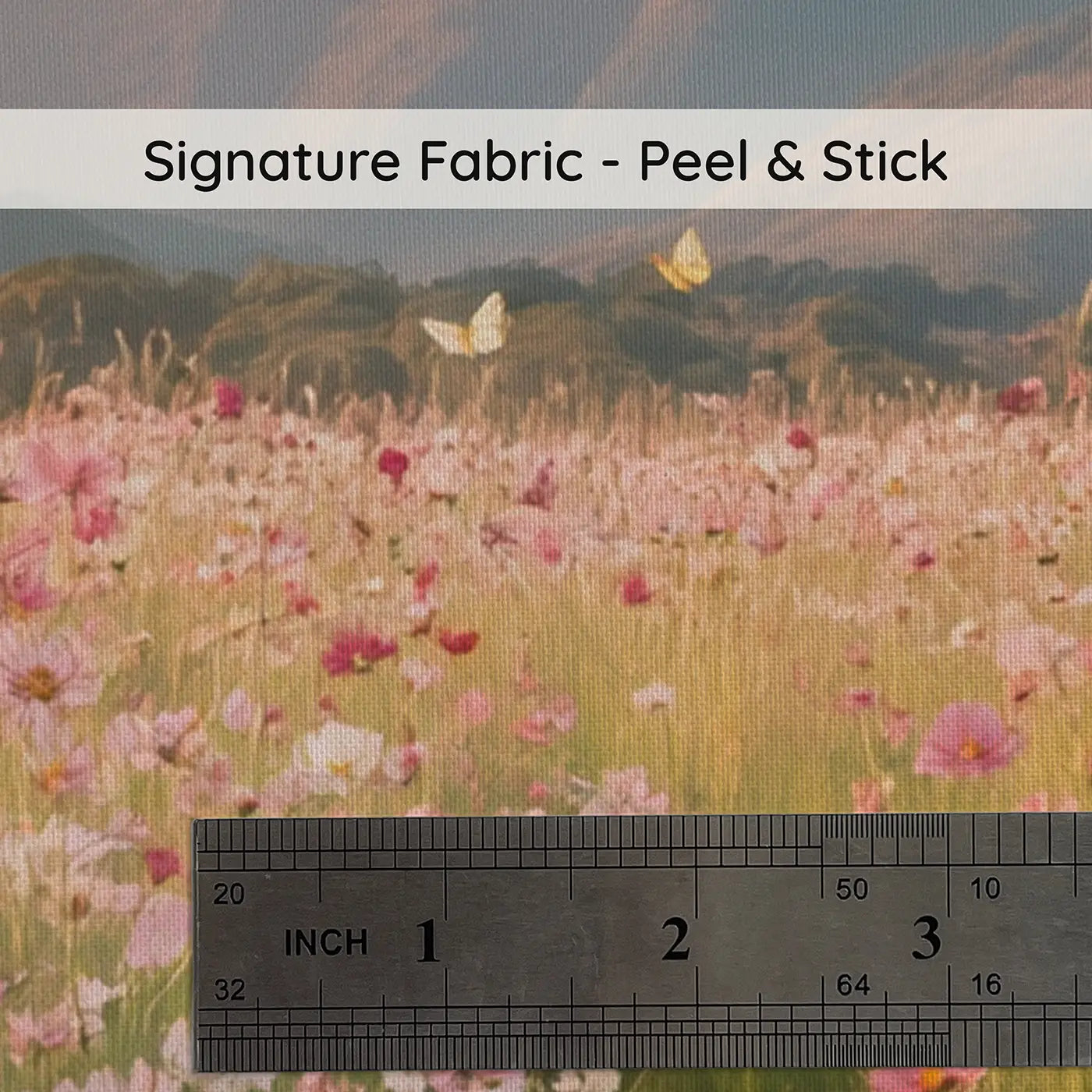 Fabric texture close-up of Cosmos Meadow Mountain View Wallpaper Mural by Whimsy Tots