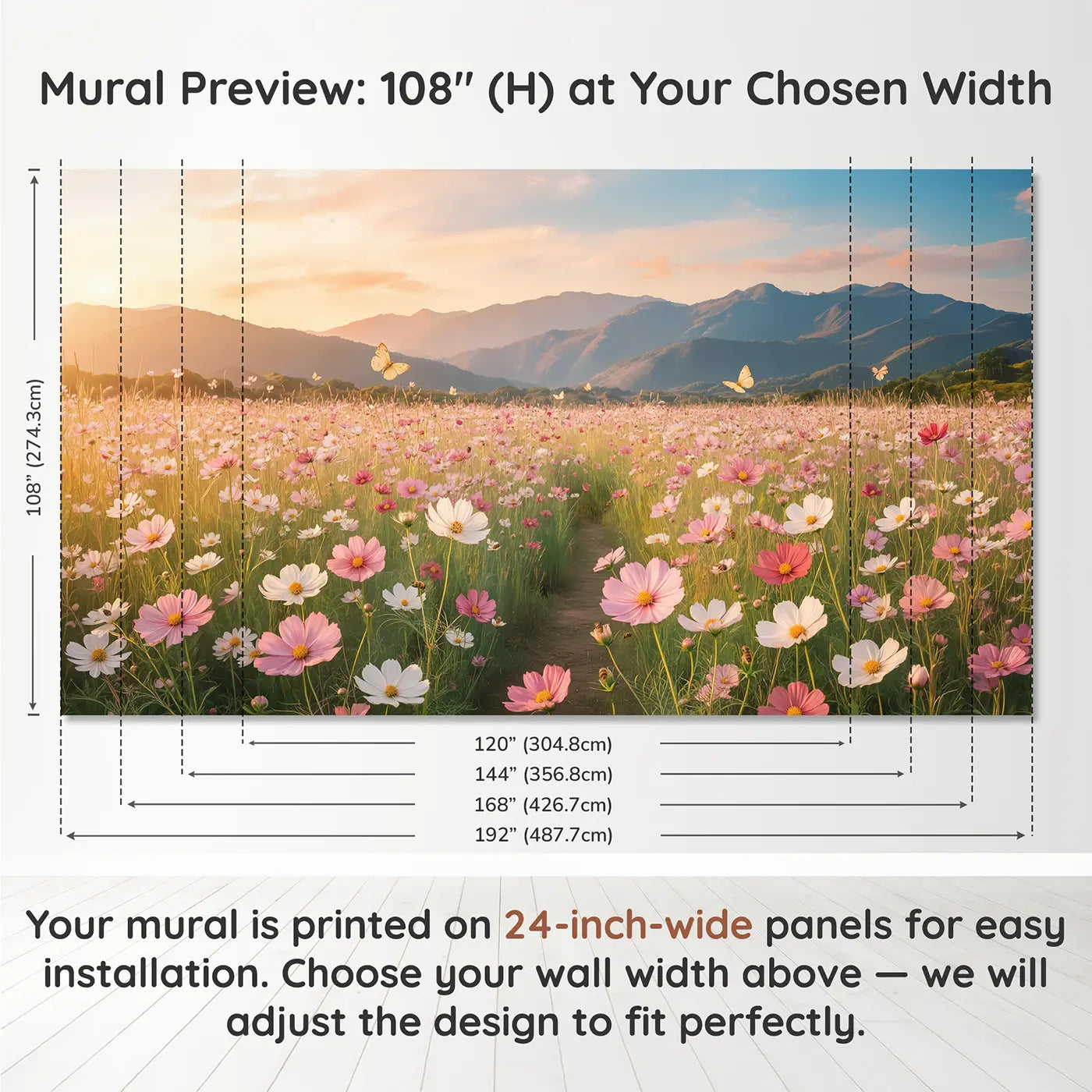 Panel layout and dimensions for Cosmos Meadow Mountain View Wallpaper Mural by Whimsy Tots