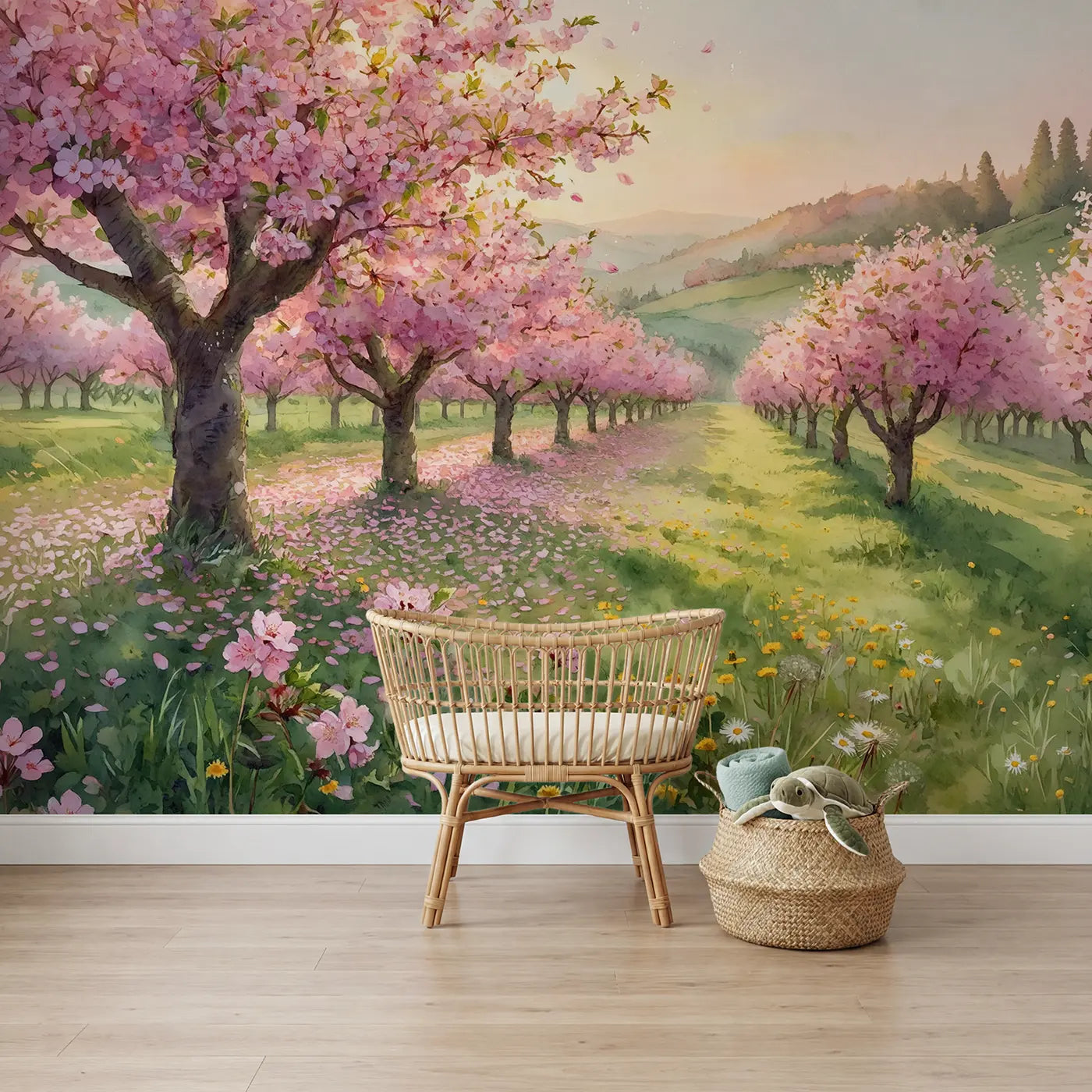 Watercolor cherry blossom orchard dawn wallpaper mural for boys nursery by Whimsy Tots