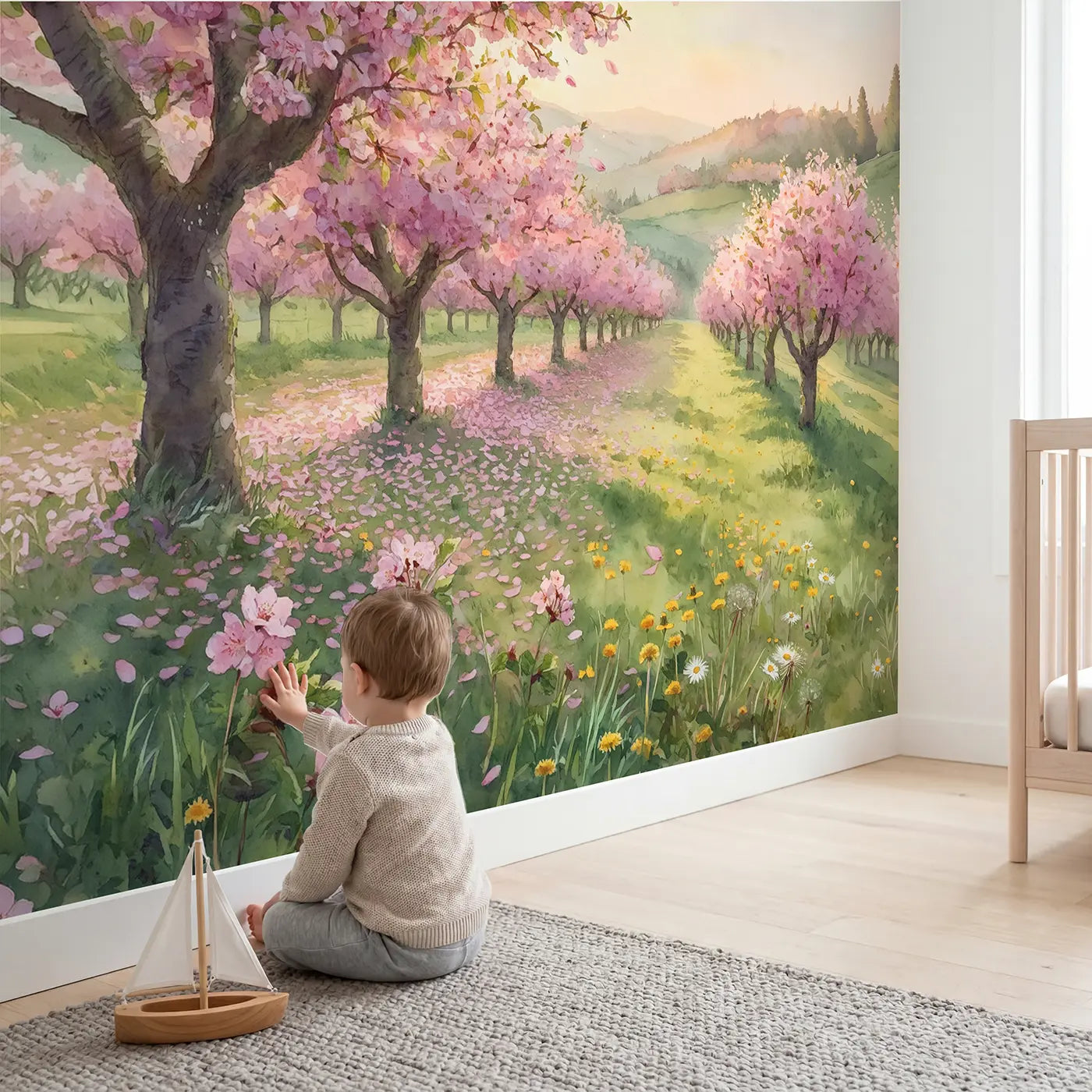 Child in nursery with Blooming Cherry Orchard Wallpaper Mural by Whimsy Tots