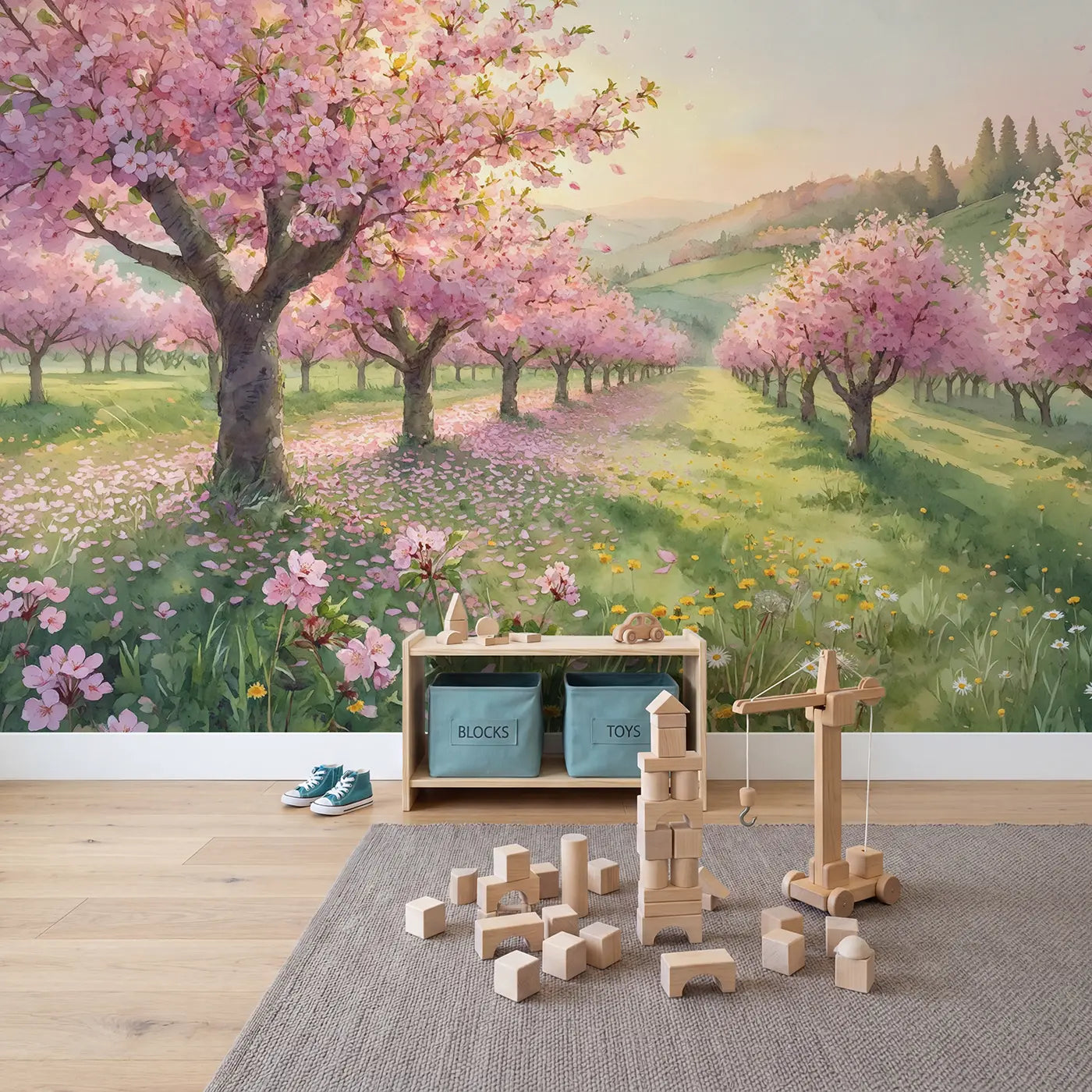 Blooming Cherry Orchard Wallpaper Mural in playroom setting by Whimsy Tots