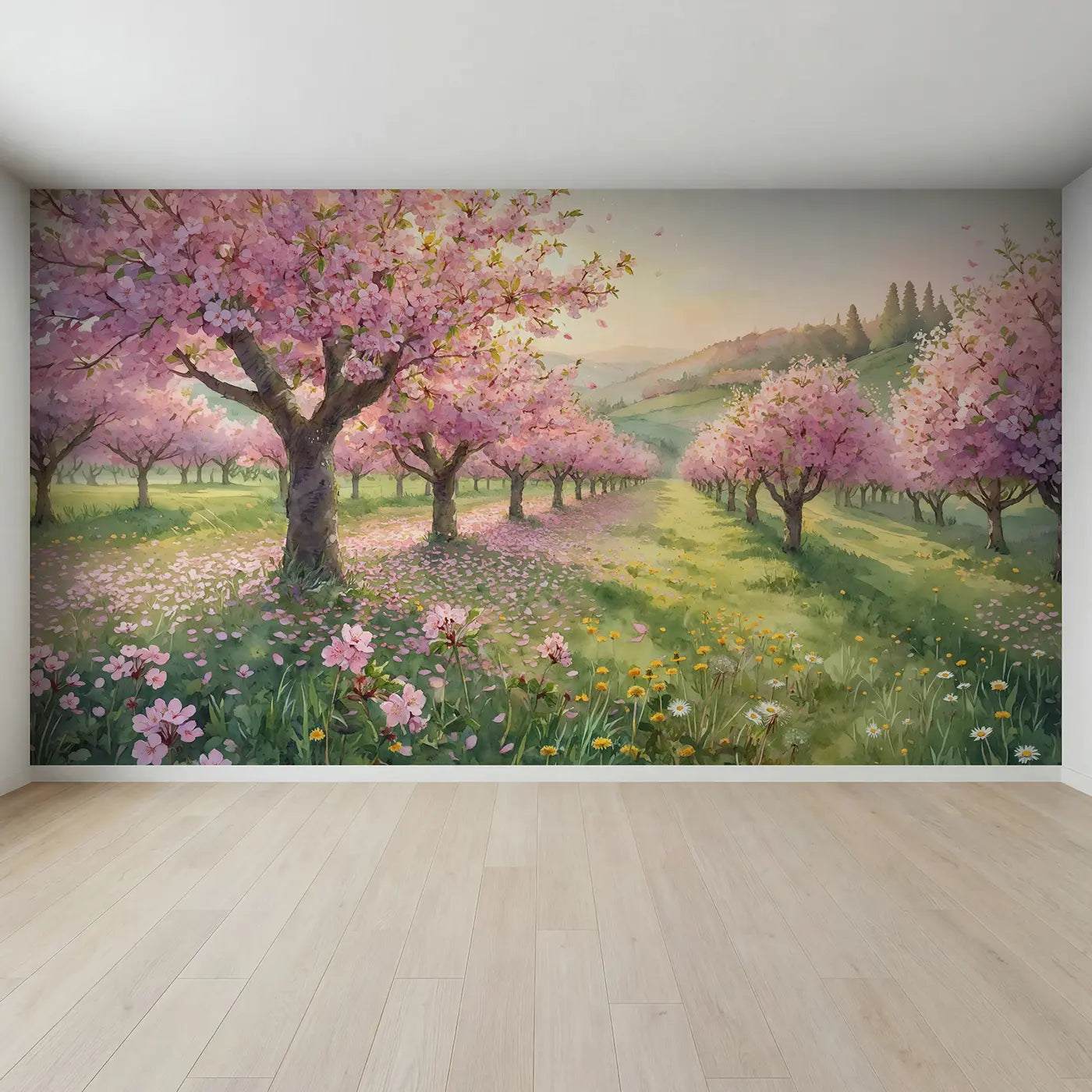 Full view of Blooming Cherry Orchard Wallpaper Mural by Whimsy Tots