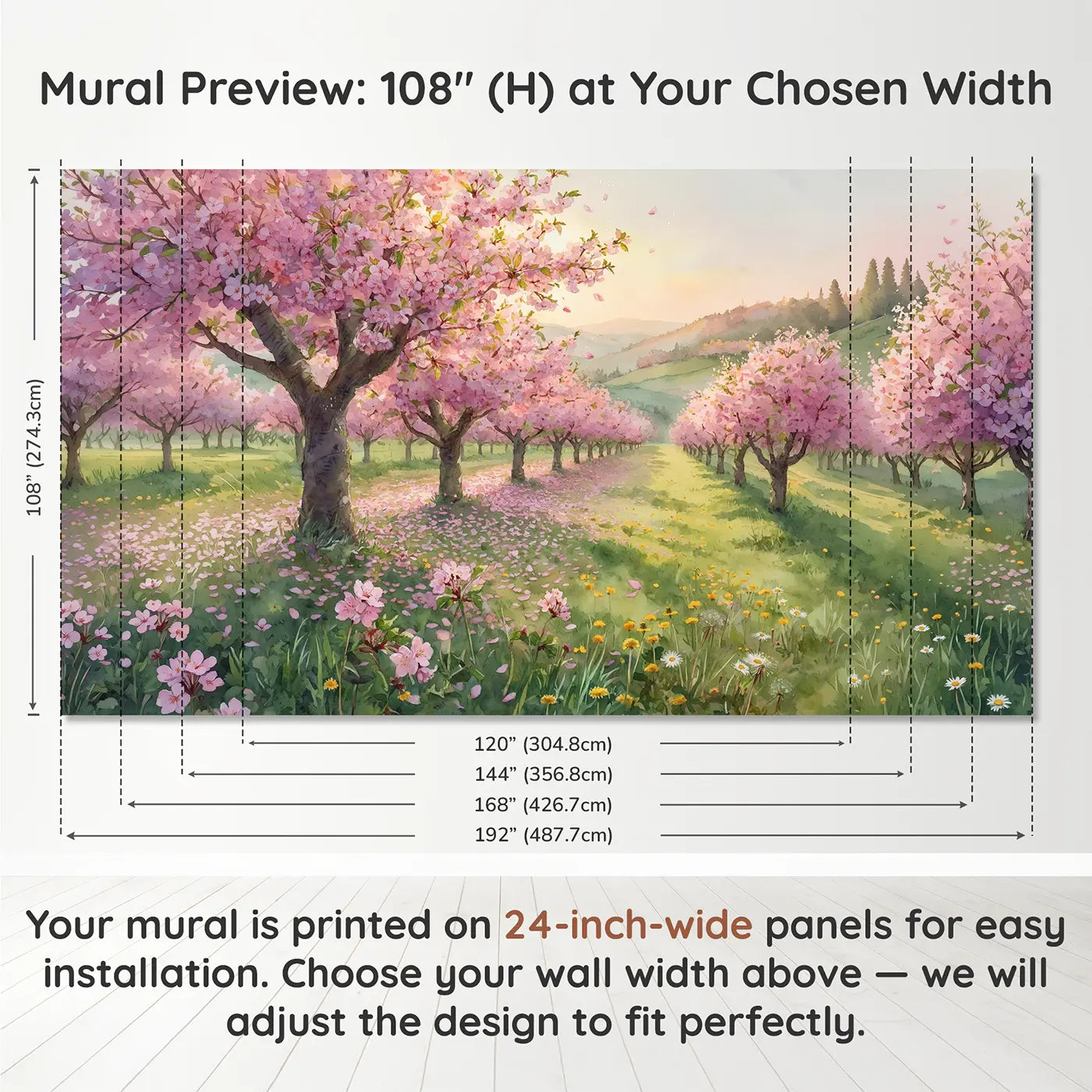 Panel layout and dimensions for Blooming Cherry Orchard Wallpaper Mural by Whimsy Tots
