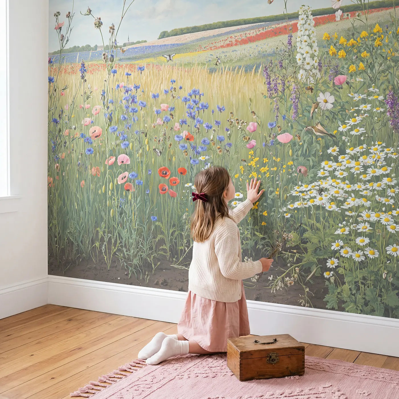 Child in nursery with Peak Bloom Wildflower Meadow Wallpaper Mural by Whimsy Tots