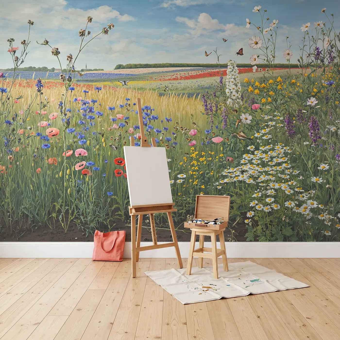 Peak Bloom Wildflower Meadow Wallpaper Mural in playroom setting by Whimsy Tots