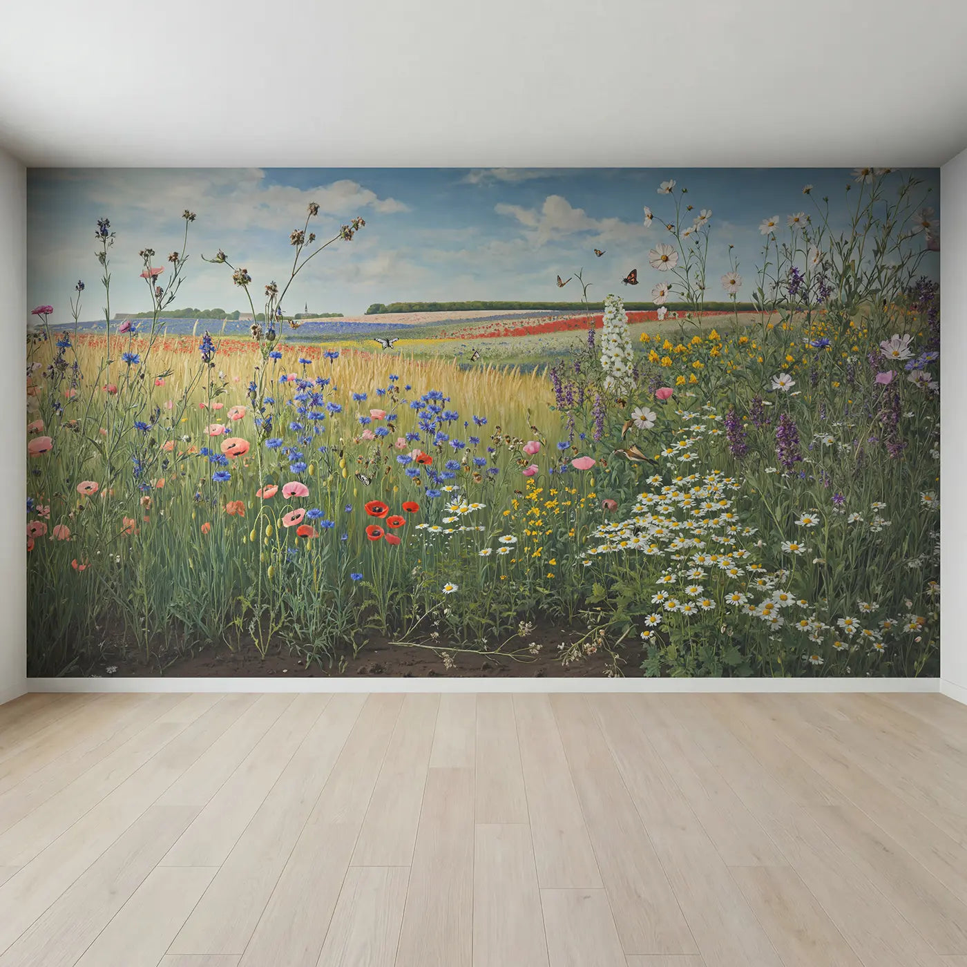 Full view of Peak Bloom Wildflower Meadow Wallpaper Mural by Whimsy Tots