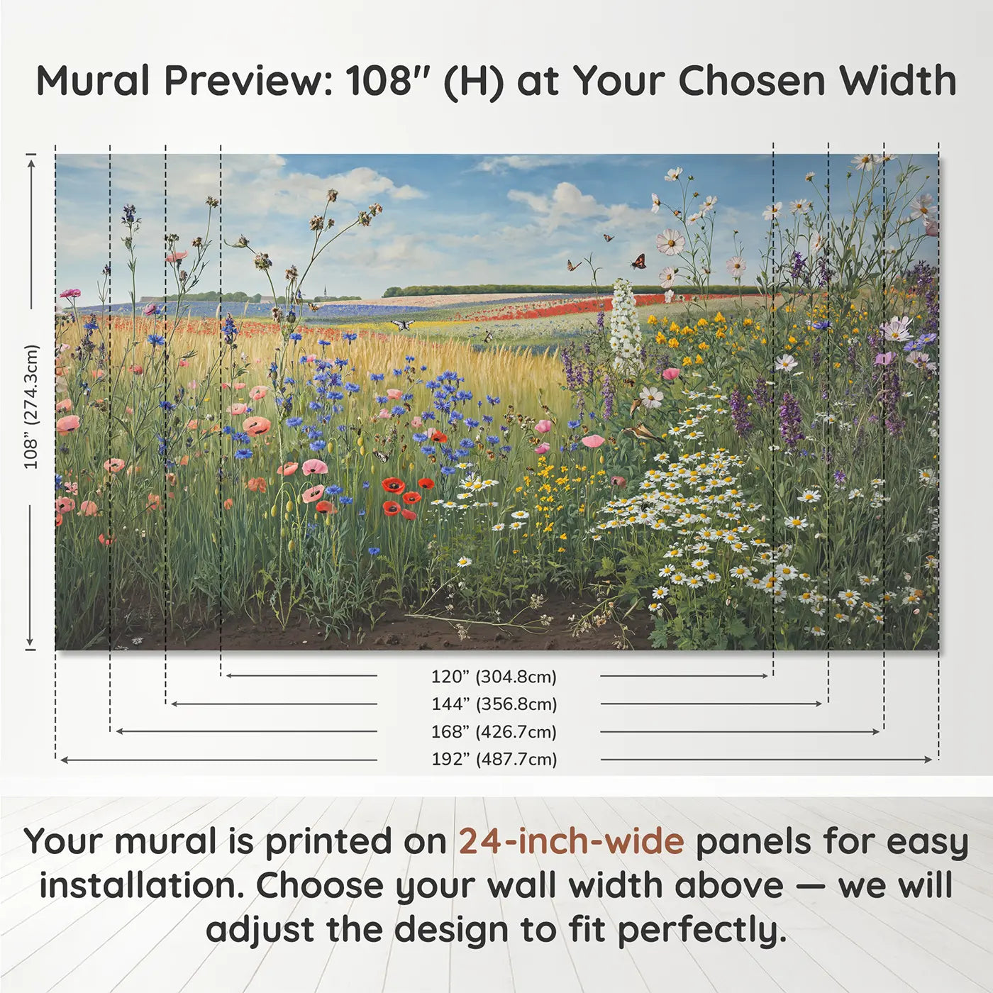 Panel layout and dimensions for Peak Bloom Wildflower Meadow Wallpaper Mural by Whimsy Tots
