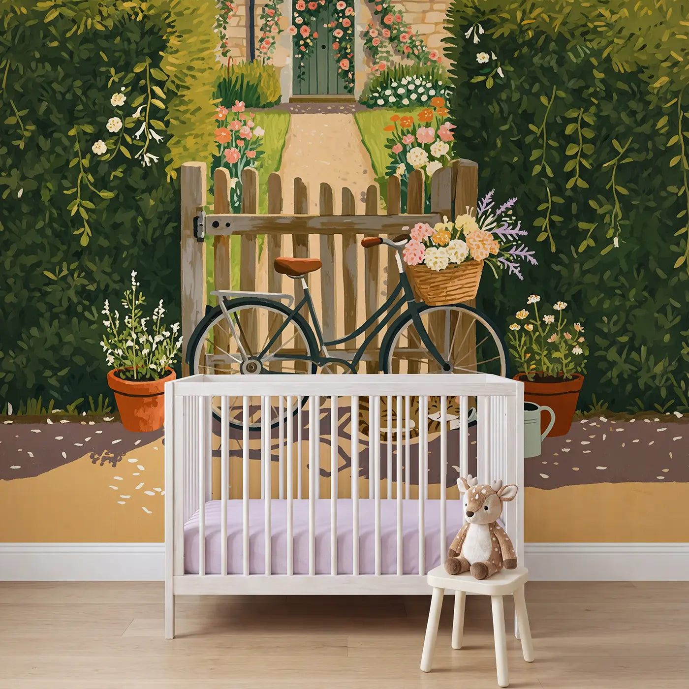 Modern illustration garden gate bicycle roses wallpaper mural for kids room by Whimsy Tots