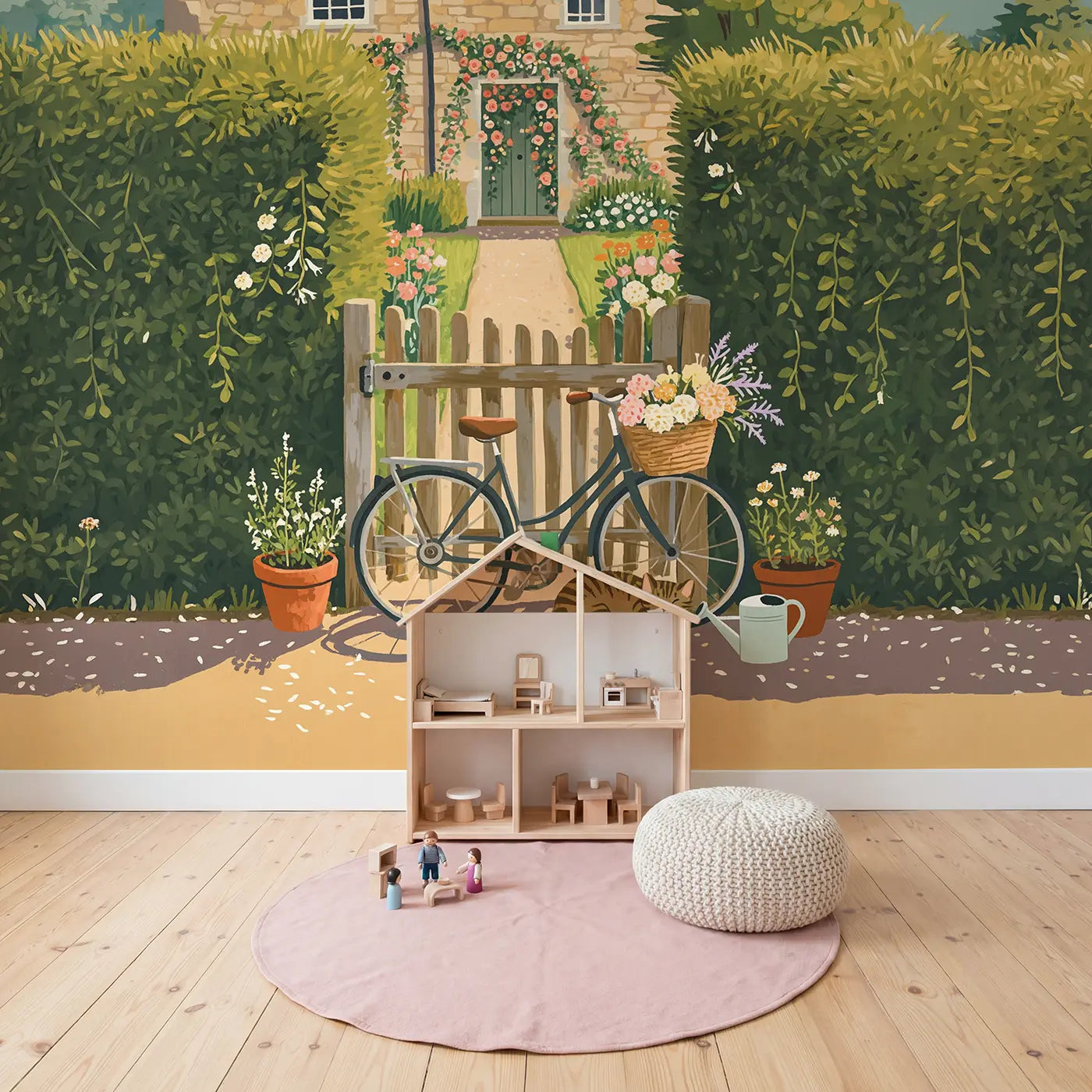 Garden Gate Bicycle Wallpaper Mural in playroom setting by Whimsy Tots