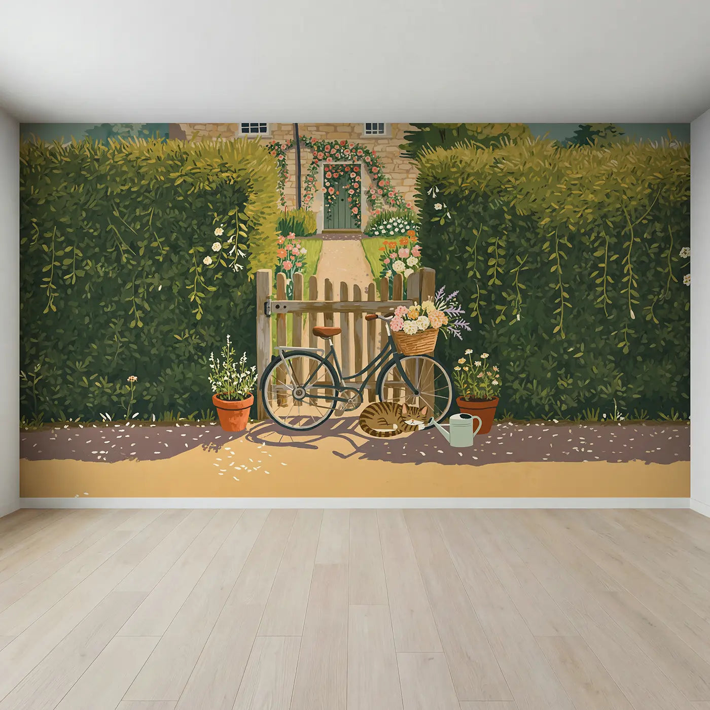 Full view of Garden Gate Bicycle Wallpaper Mural by Whimsy Tots