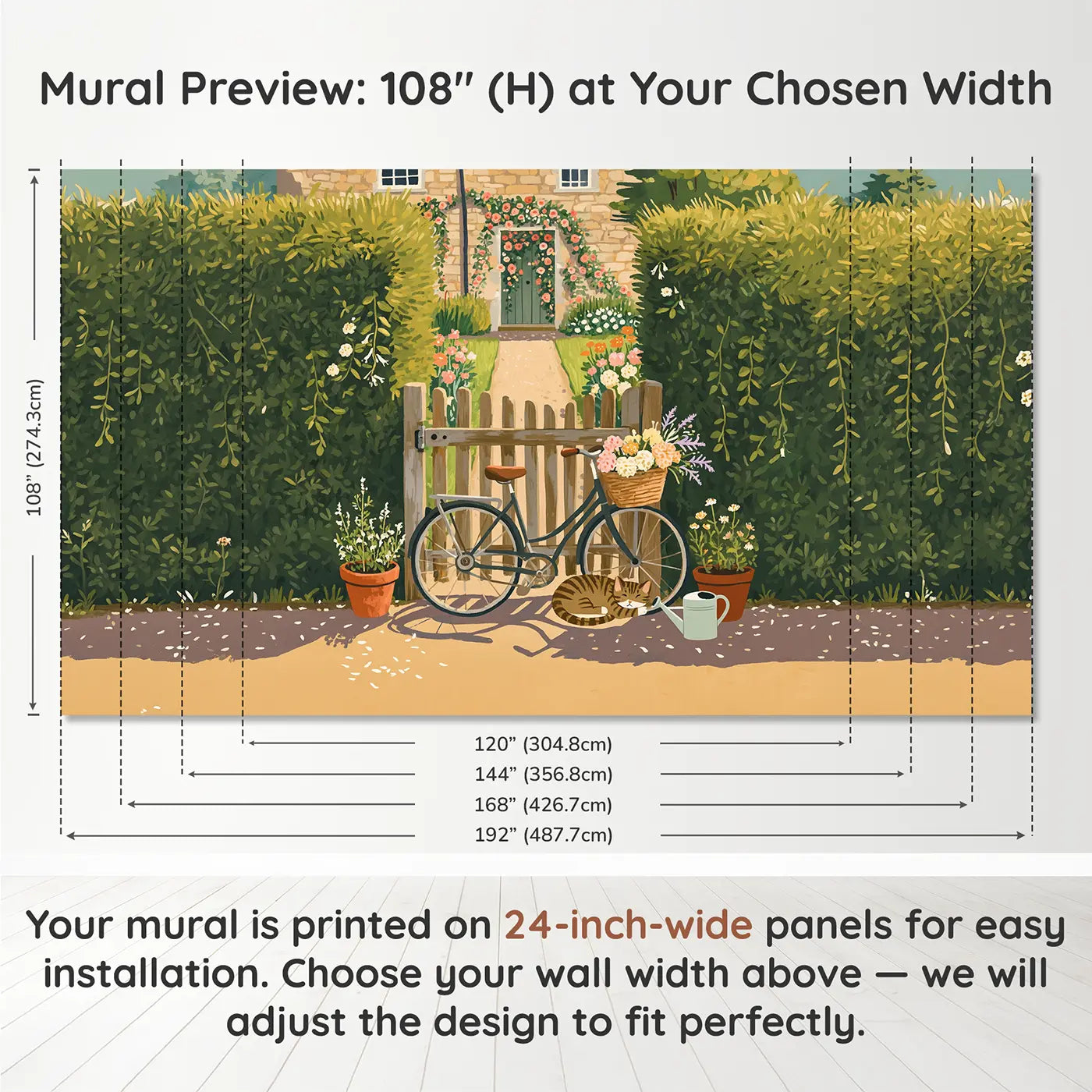Panel layout and dimensions for Garden Gate Bicycle Wallpaper Mural by Whimsy Tots
