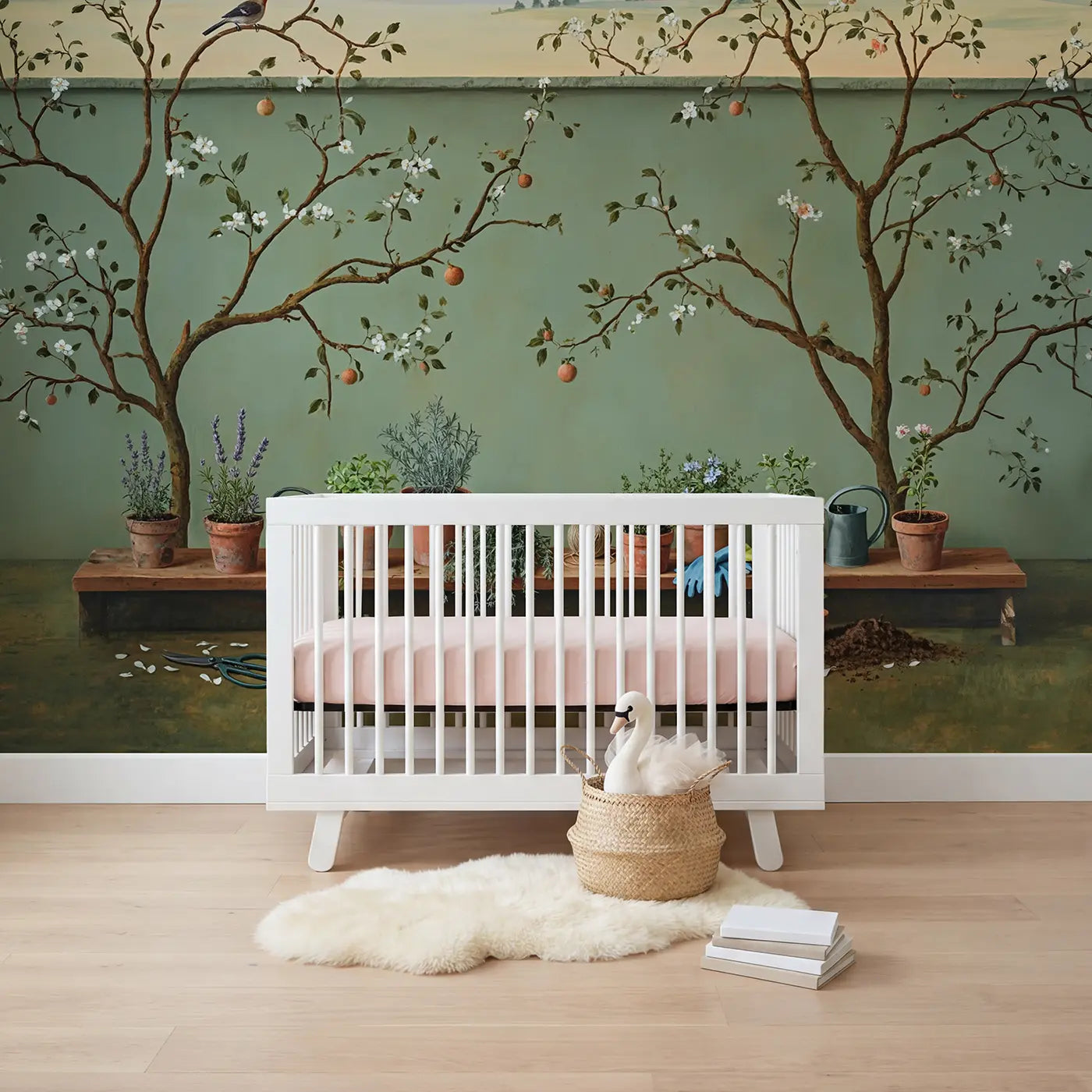 botanical elegance terracotta herb garden shelf botanical wallpaper mural for nursery by Whimsy Tots
