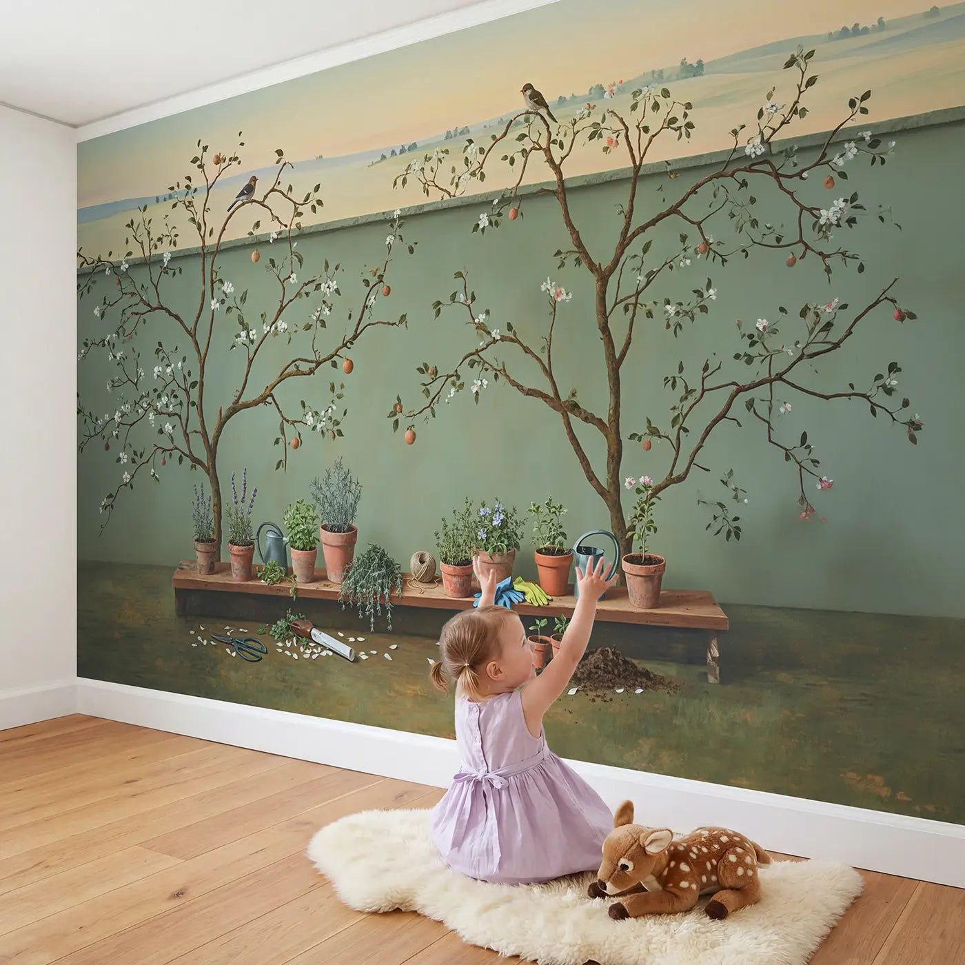 Child in nursery with Terracotta Herb Garden Shelf Wallpaper Mural by Whimsy Tots