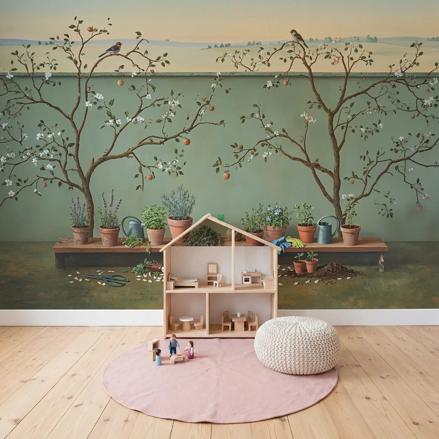 Terracotta Herb Garden Shelf Wallpaper Mural in playroom setting by Whimsy Tots