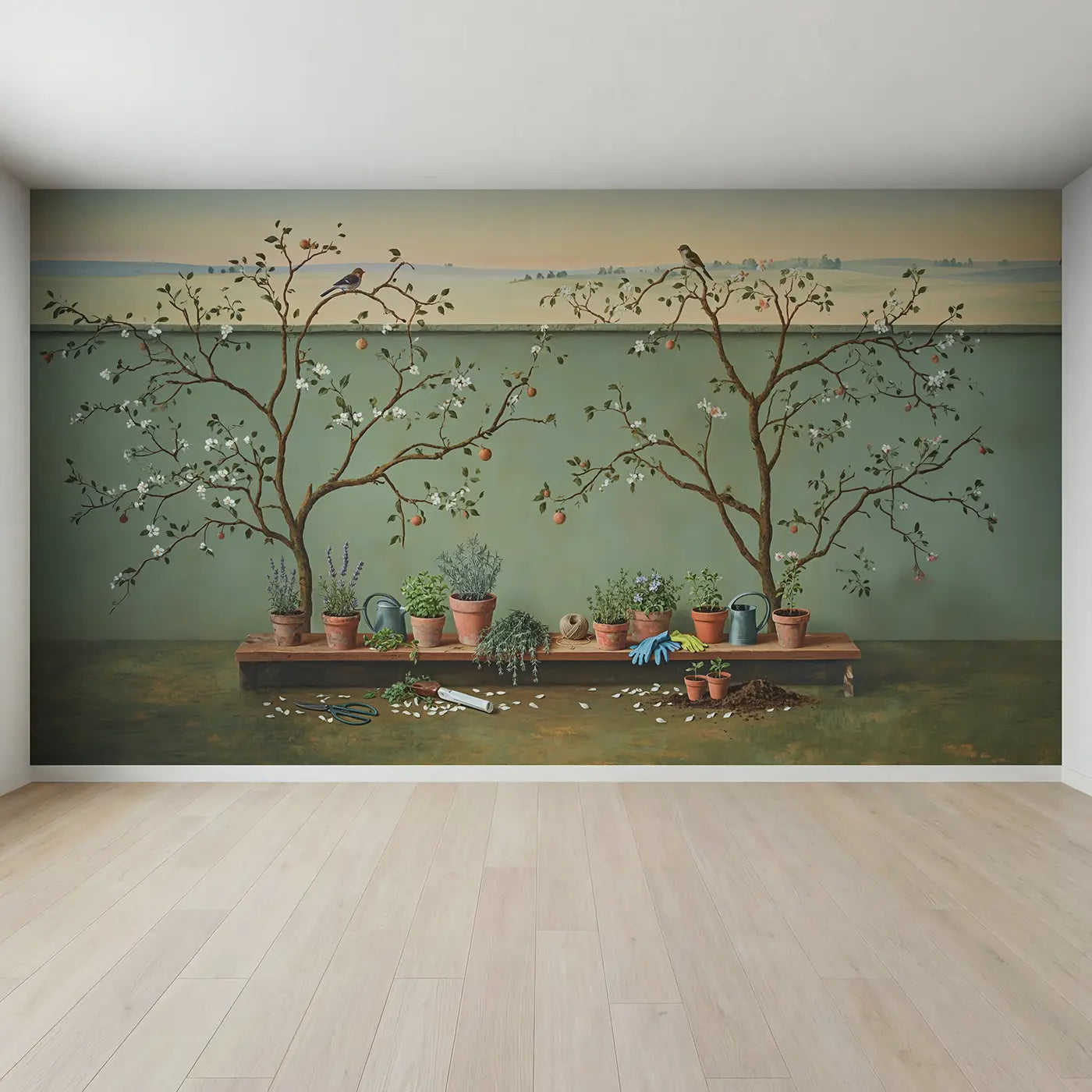 Full view of Terracotta Herb Garden Shelf Wallpaper Mural by Whimsy Tots