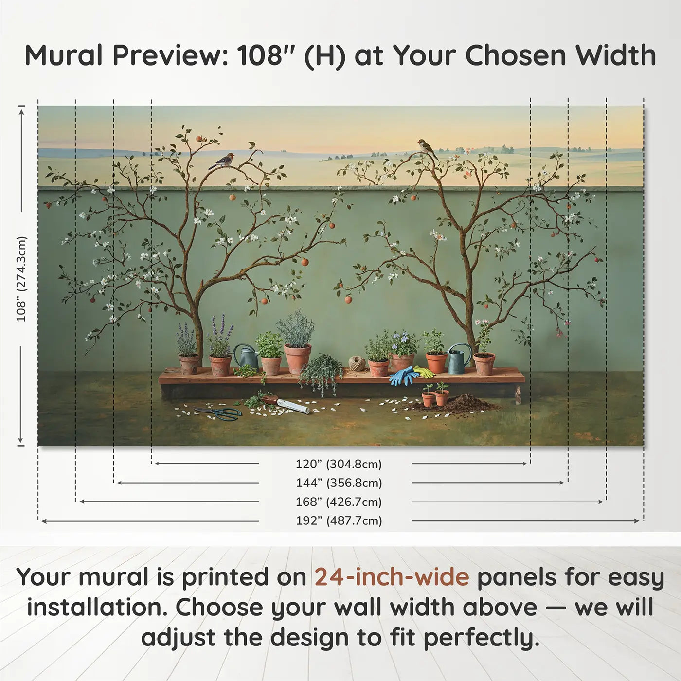 Panel layout and dimensions for Terracotta Herb Garden Shelf Wallpaper Mural by Whimsy Tots