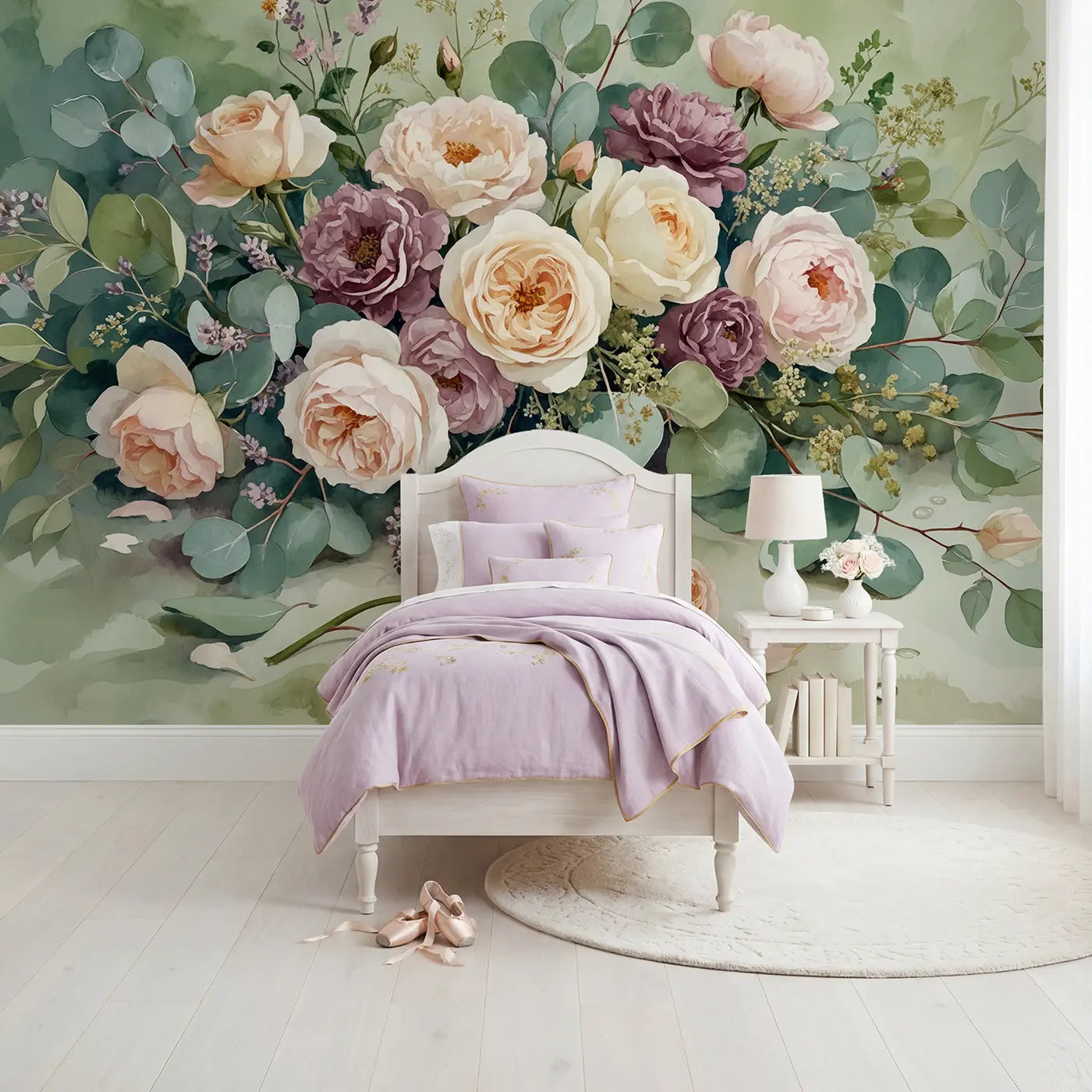 Watercolor rose and peony meadow wallpaper mural for girls room by Whimsy Tots