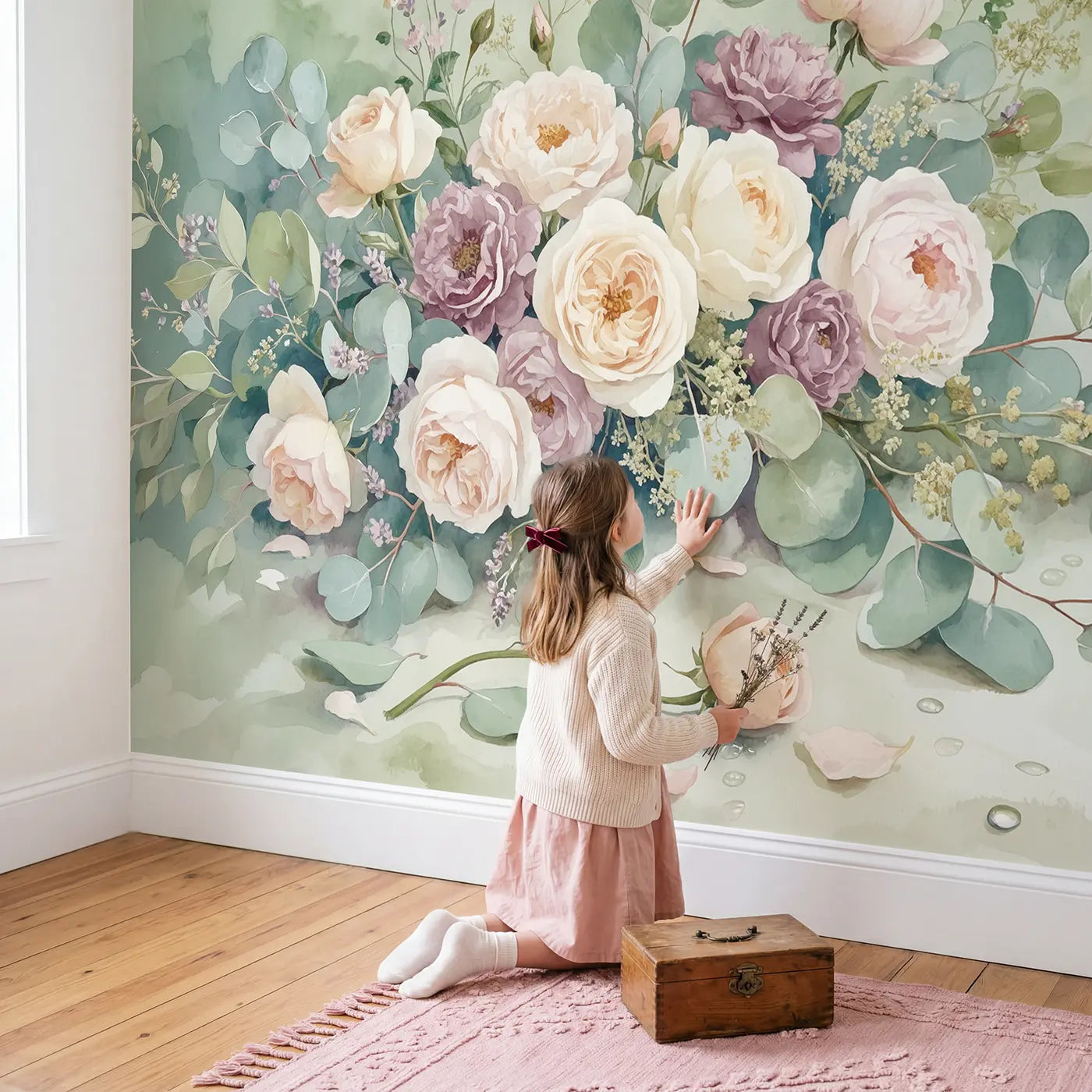 Child in nursery with Garden Rose Arrangement Wallpaper Mural by Whimsy Tots