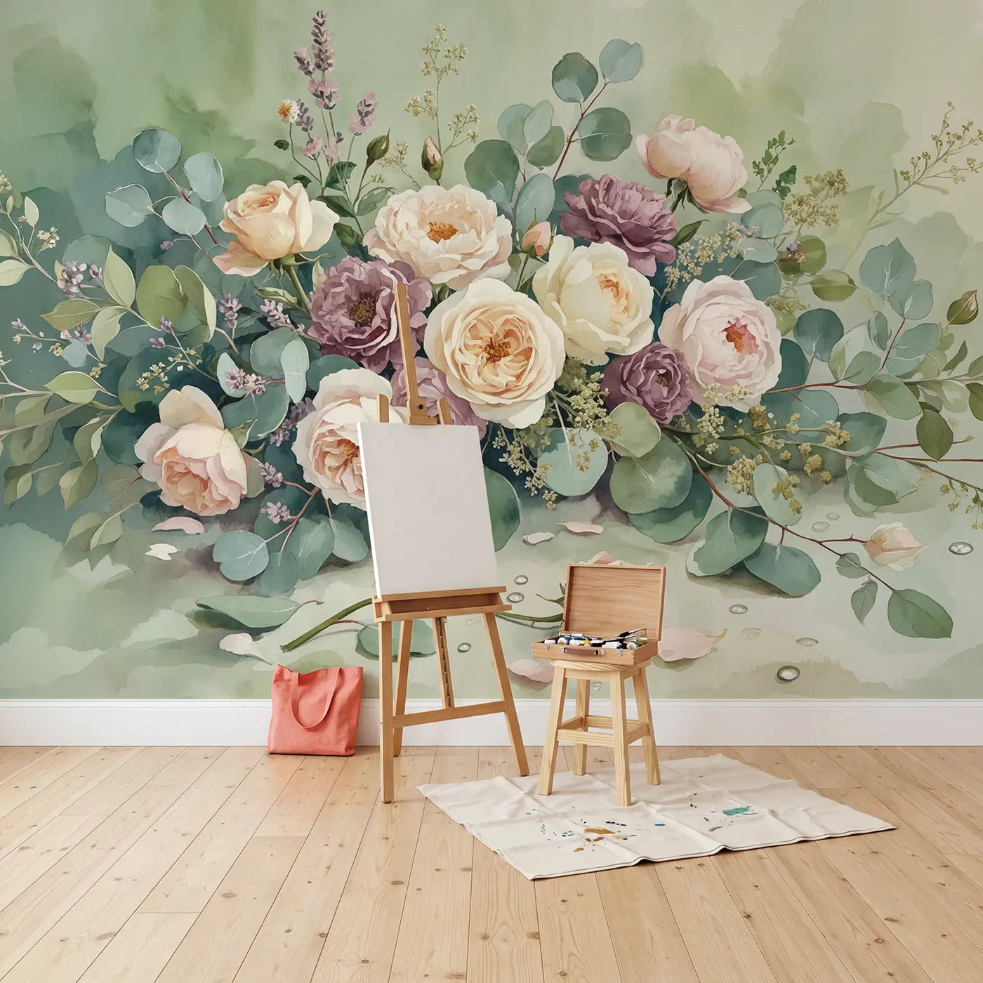 Garden Rose Arrangement Wallpaper Mural in playroom setting by Whimsy Tots