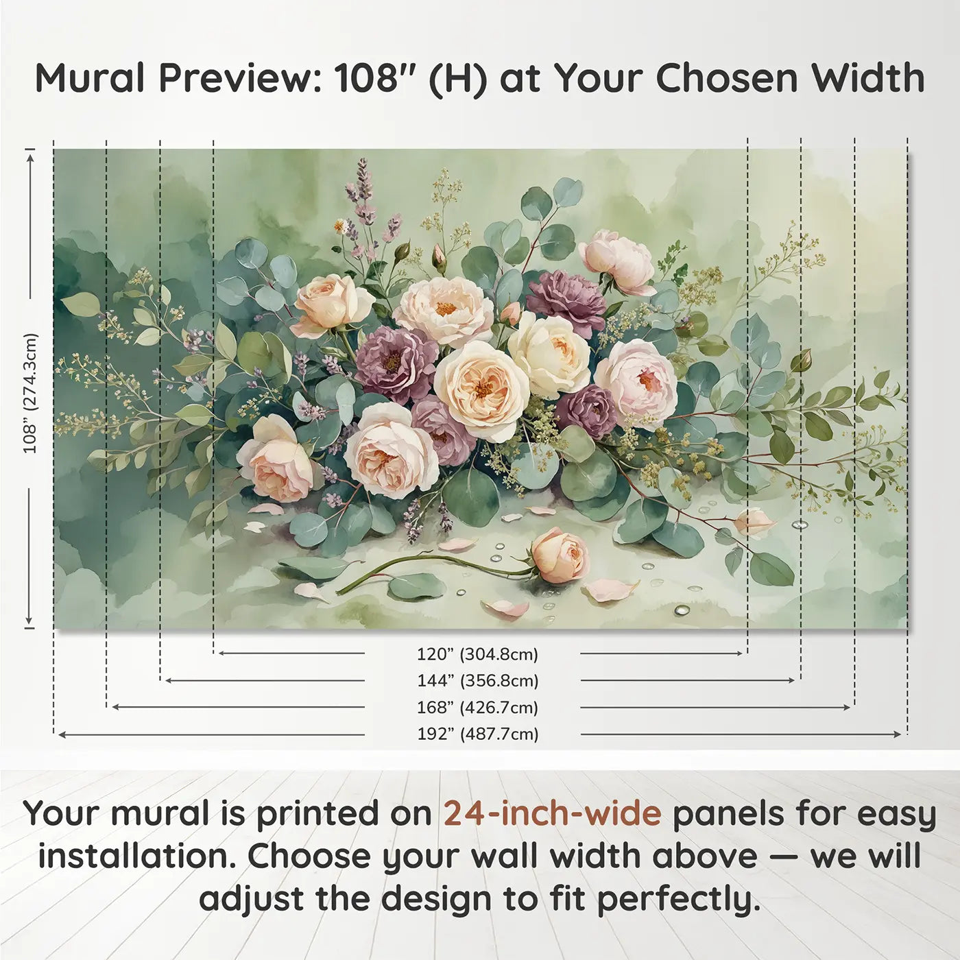 Panel layout and dimensions for Garden Rose Arrangement Wallpaper Mural by Whimsy Tots