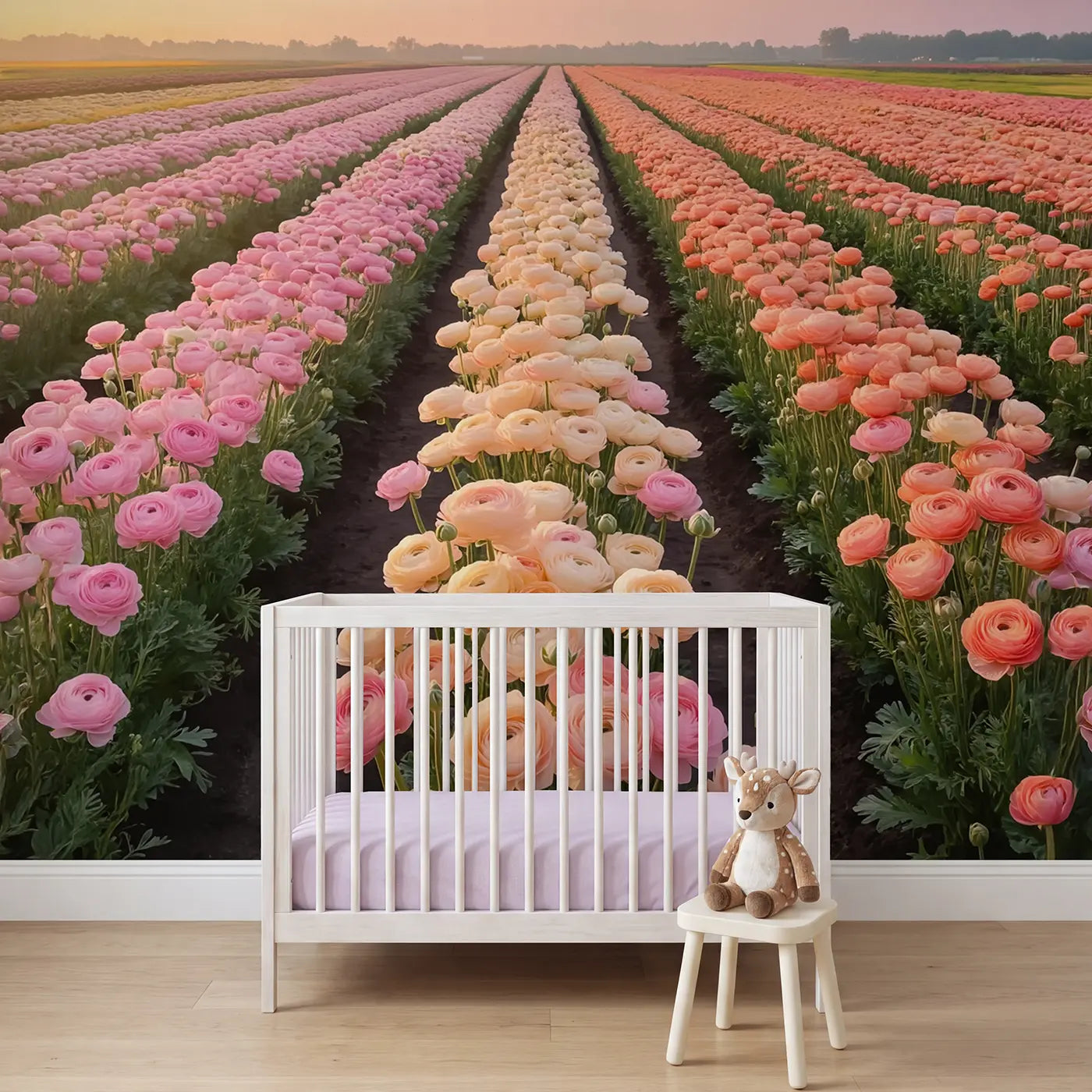 Soft pastel wildflower and field wallpaper mural for nursery by Whimsy Tots