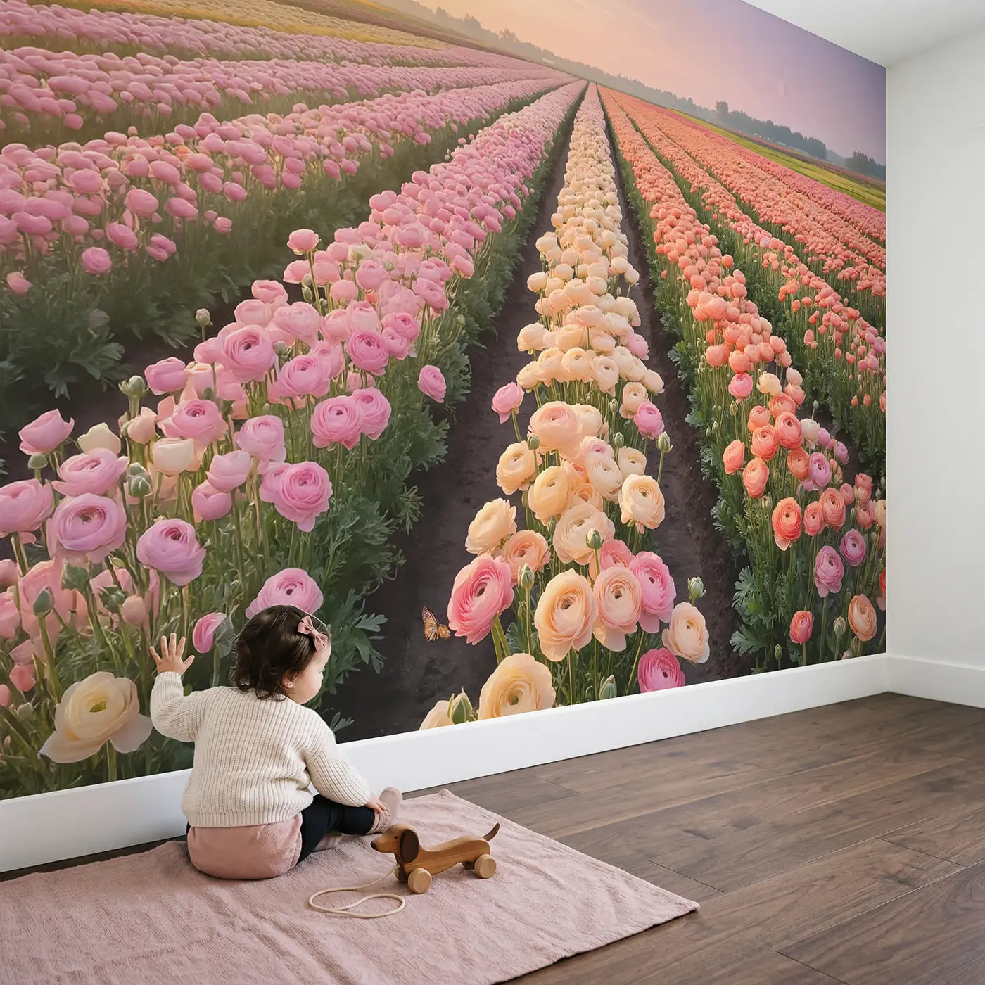 Child in nursery with Ranunculus Dawn Flower Farm Wallpaper Mural by Whimsy Tots