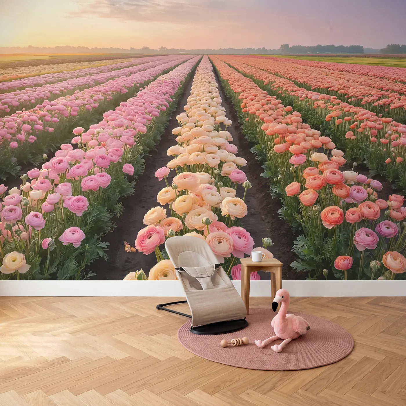 Ranunculus Dawn Flower Farm Wallpaper Mural in playroom setting by Whimsy Tots