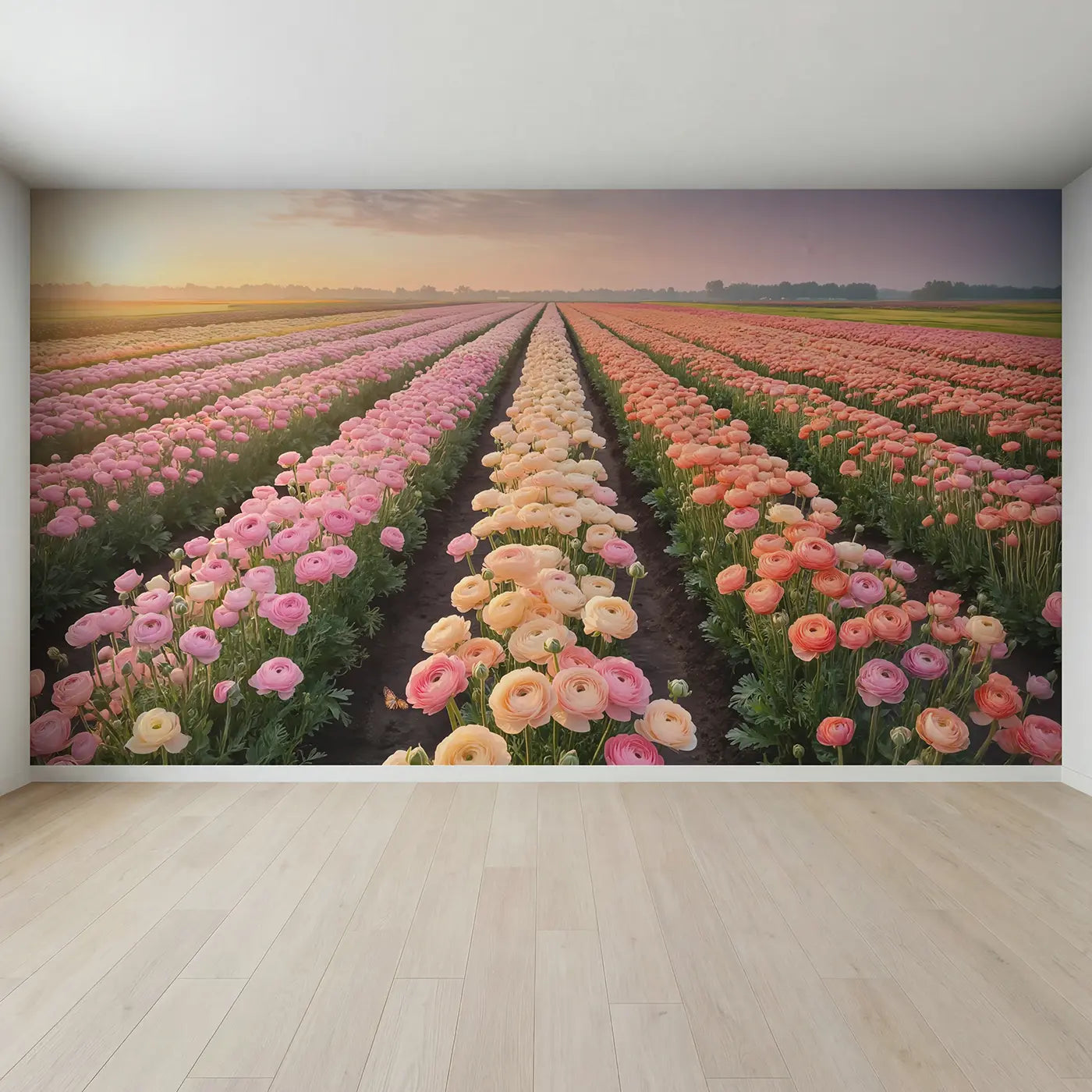 Full view of Ranunculus Dawn Flower Farm Wallpaper Mural by Whimsy Tots