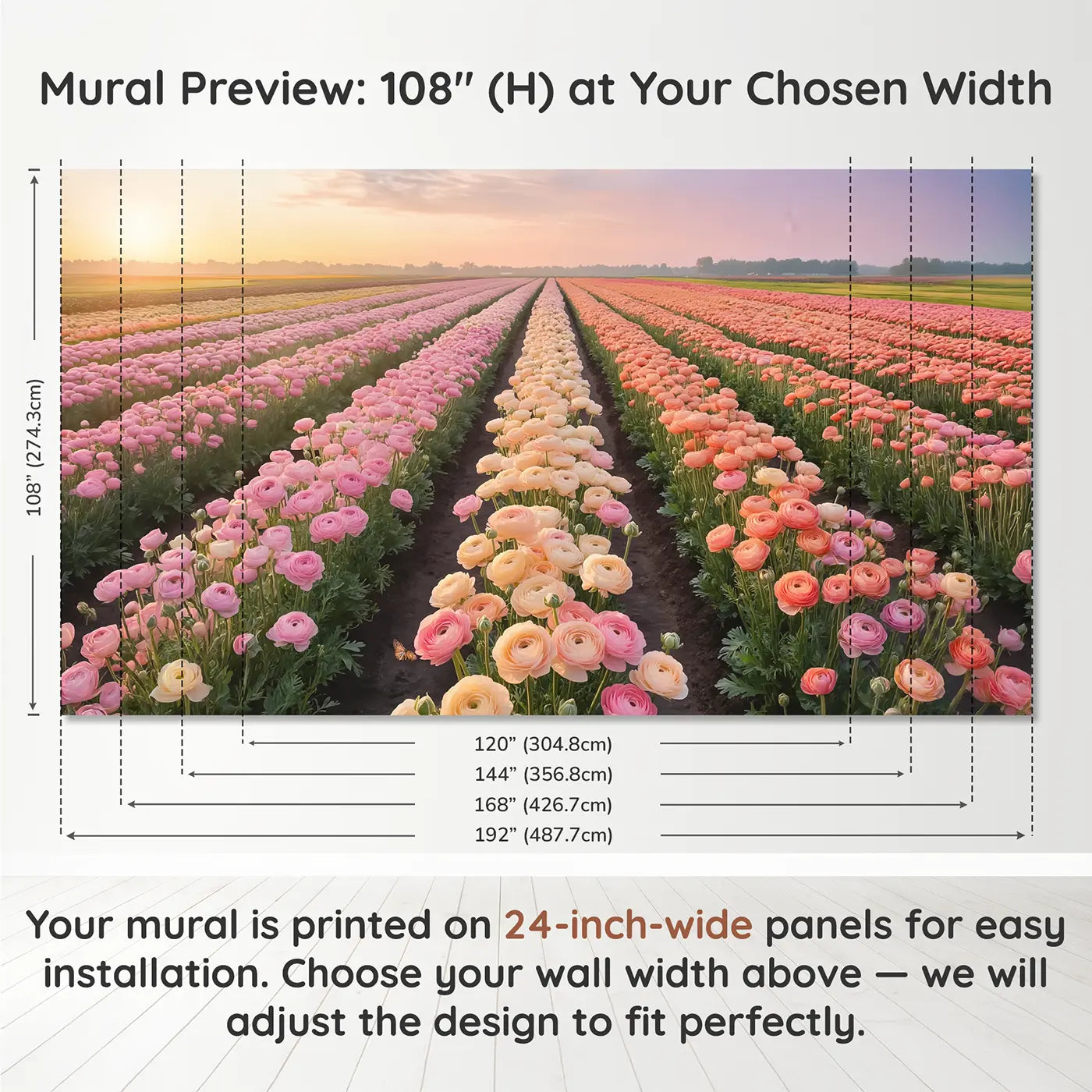 Panel layout and dimensions for Ranunculus Dawn Flower Farm Wallpaper Mural by Whimsy Tots
