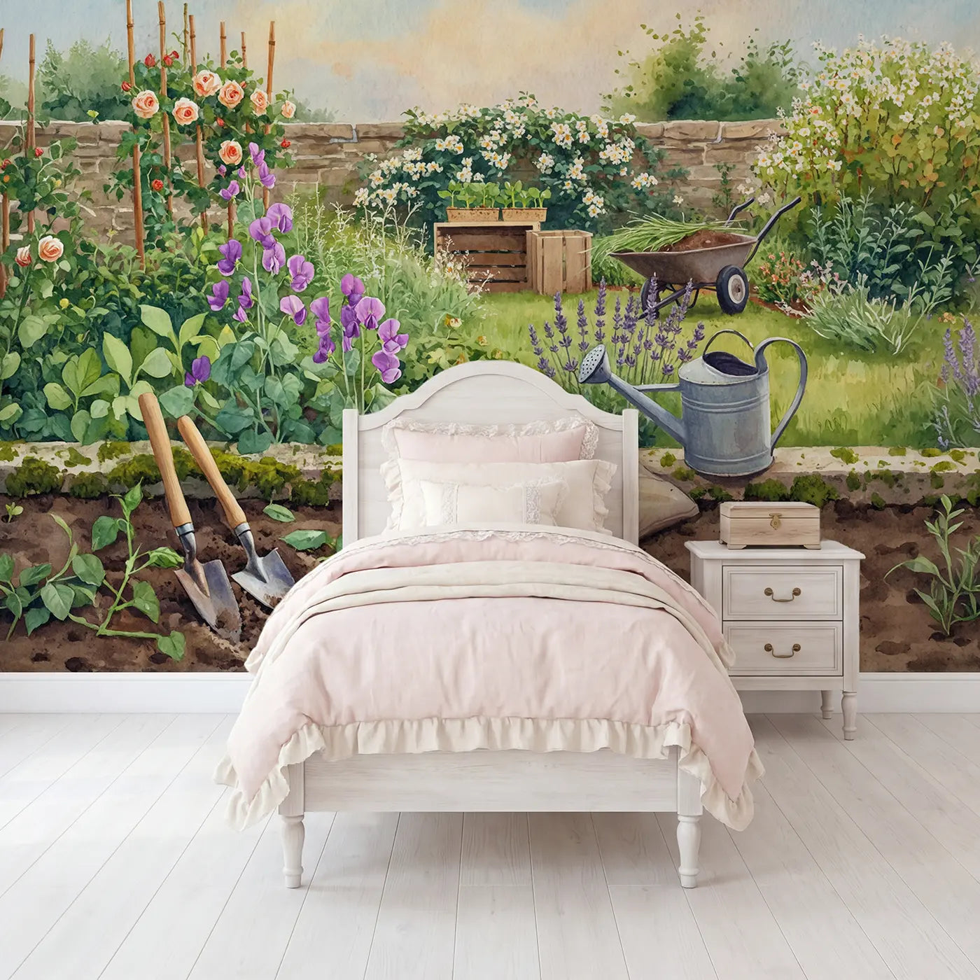 watercolor garden tools flowers watering can wallpaper mural for girls room by Whimsy Tots