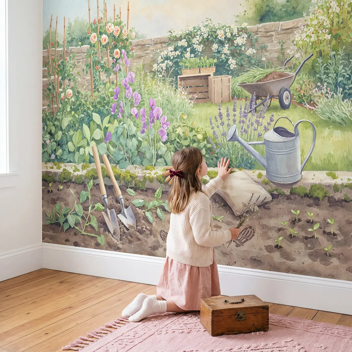 Child in nursery with Garden Tools Among Flowers Wallpaper Mural by Whimsy Tots