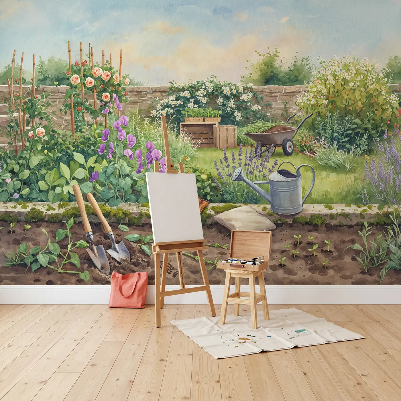 Garden Tools Among Flowers Wallpaper Mural in playroom setting by Whimsy Tots