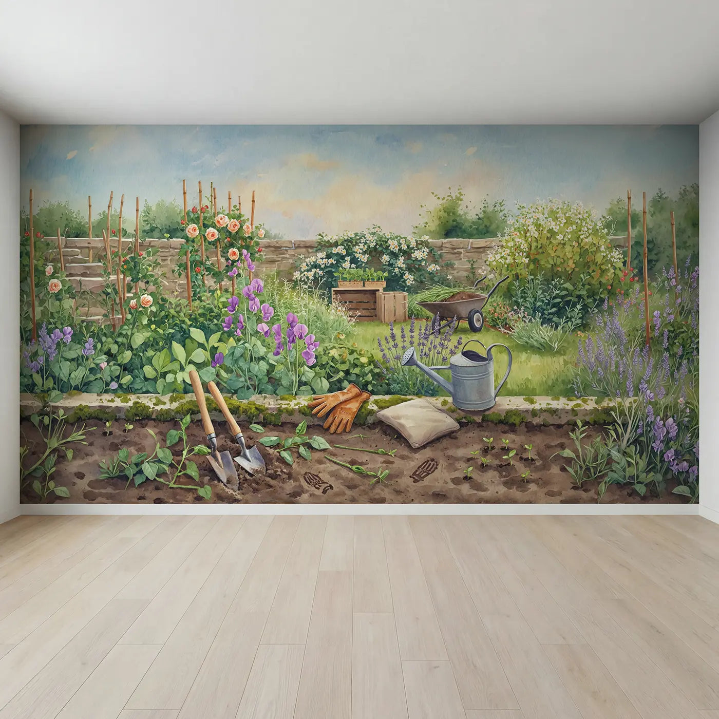 Full view of Garden Tools Among Flowers Wallpaper Mural by Whimsy Tots