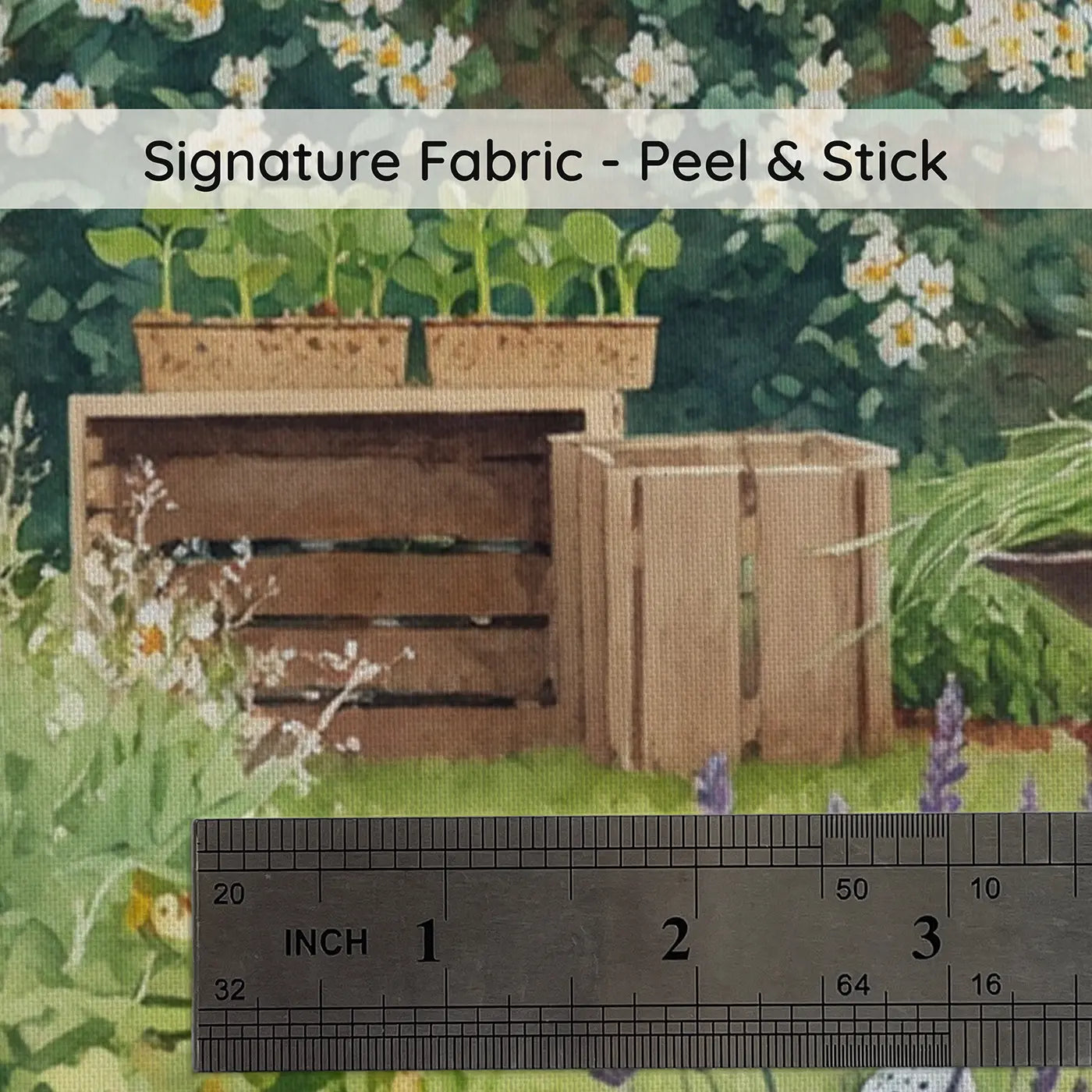 Fabric texture close-up of Garden Tools Among Flowers Wallpaper Mural by Whimsy Tots