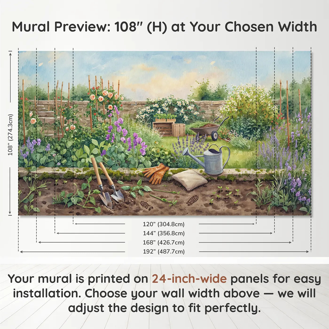 Panel layout and dimensions for Garden Tools Among Flowers Wallpaper Mural by Whimsy Tots