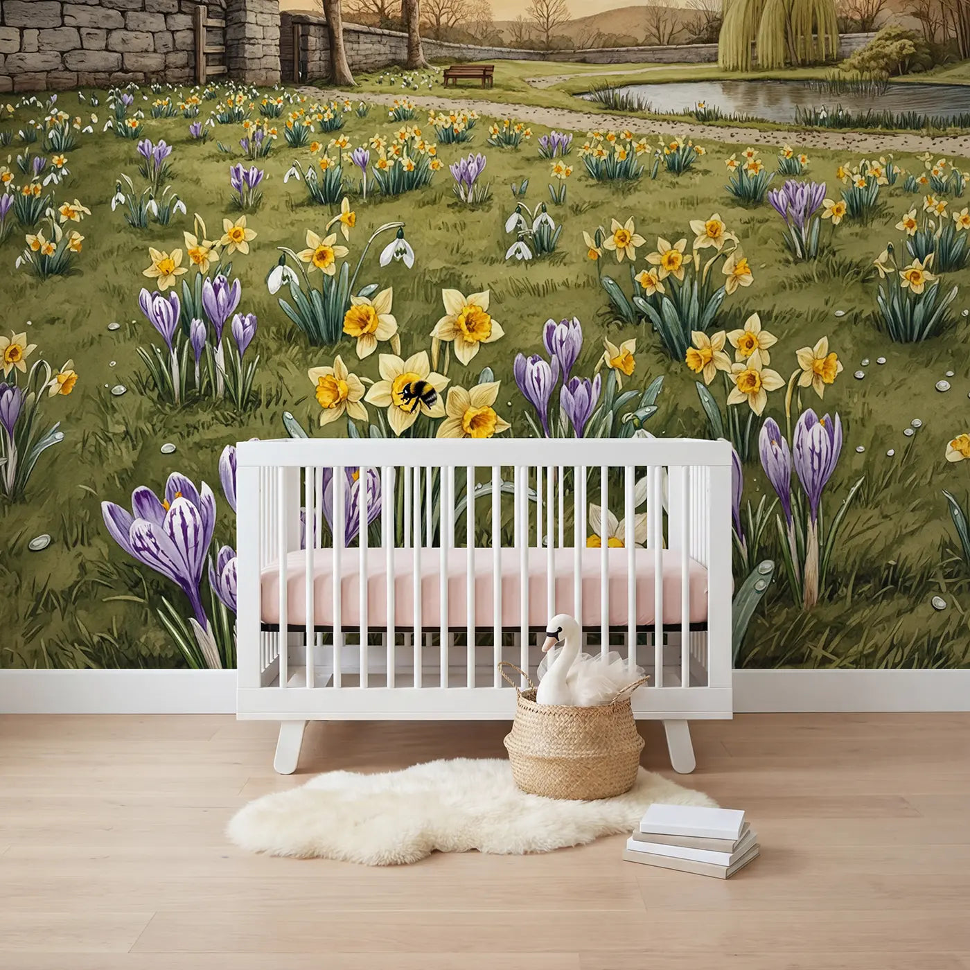 Storybook spring meadow butterfly sunrise wallpaper mural for kids room by Whimsy Tots