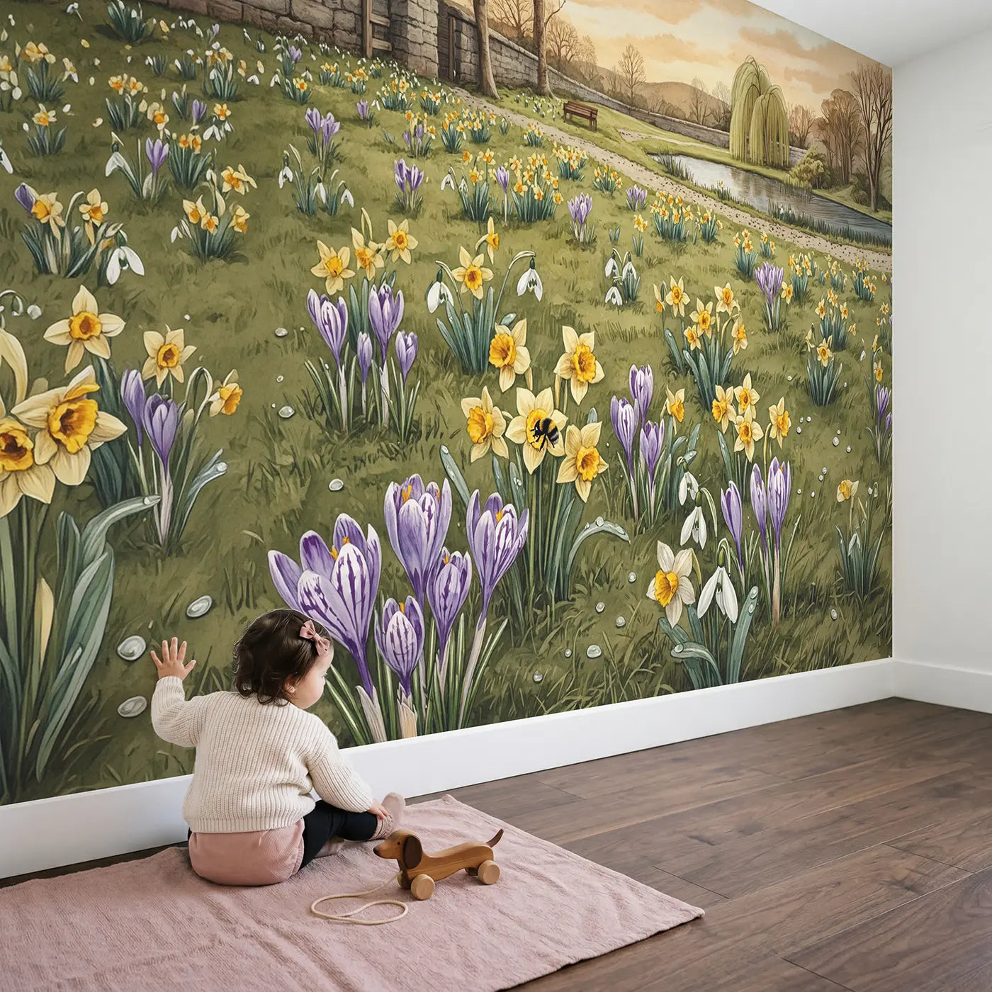 Child in nursery with Spring Bulb Meadow Sunrise Wallpaper Mural by Whimsy Tots