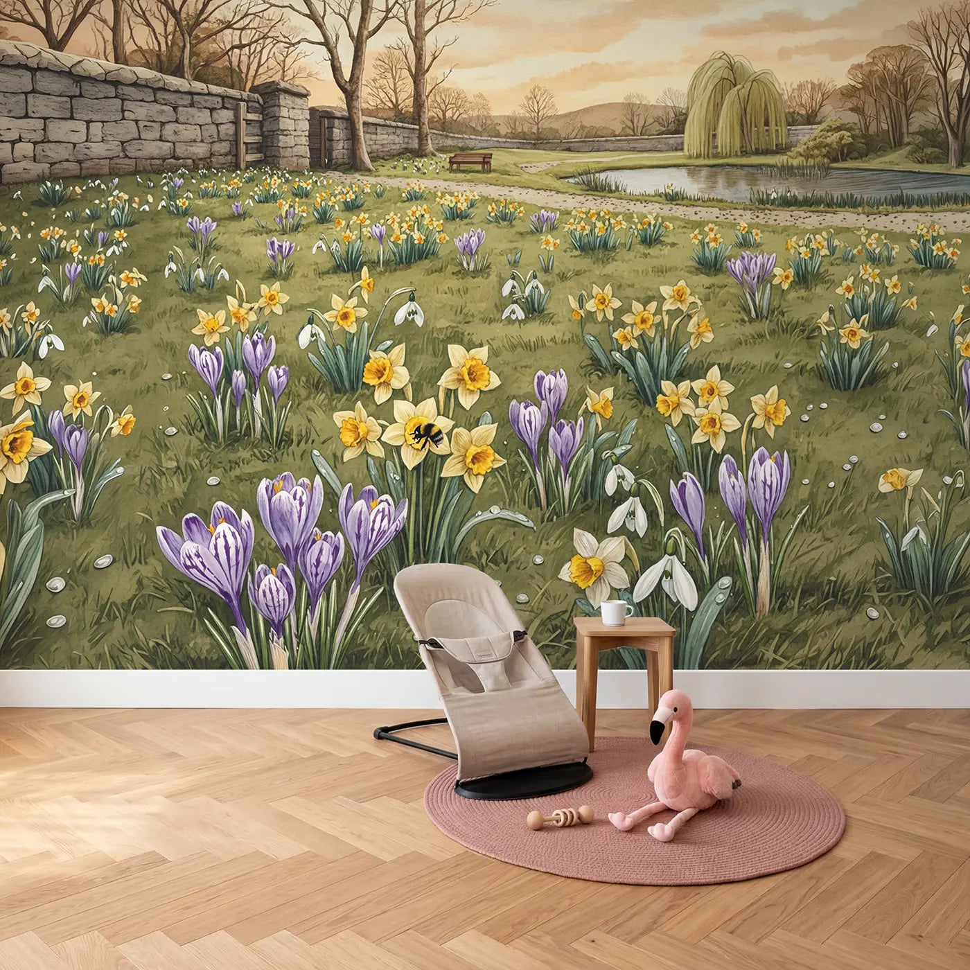 Spring Bulb Meadow Sunrise Wallpaper Mural in playroom setting by Whimsy Tots