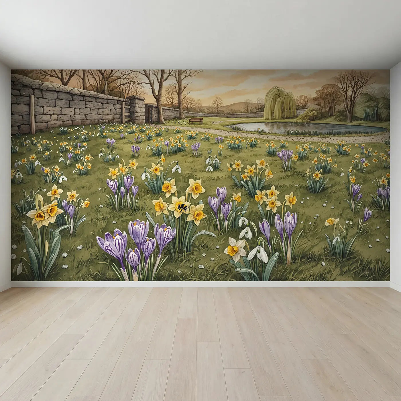 Full view of Spring Bulb Meadow Sunrise Wallpaper Mural by Whimsy Tots