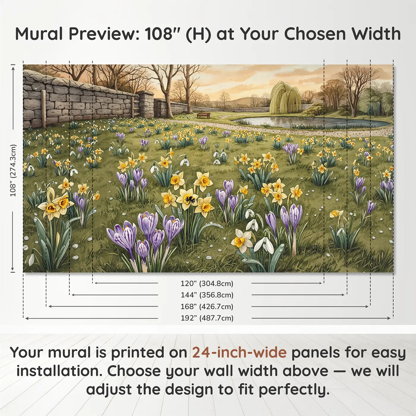 Panel layout and dimensions for Spring Bulb Meadow Sunrise Wallpaper Mural by Whimsy Tots