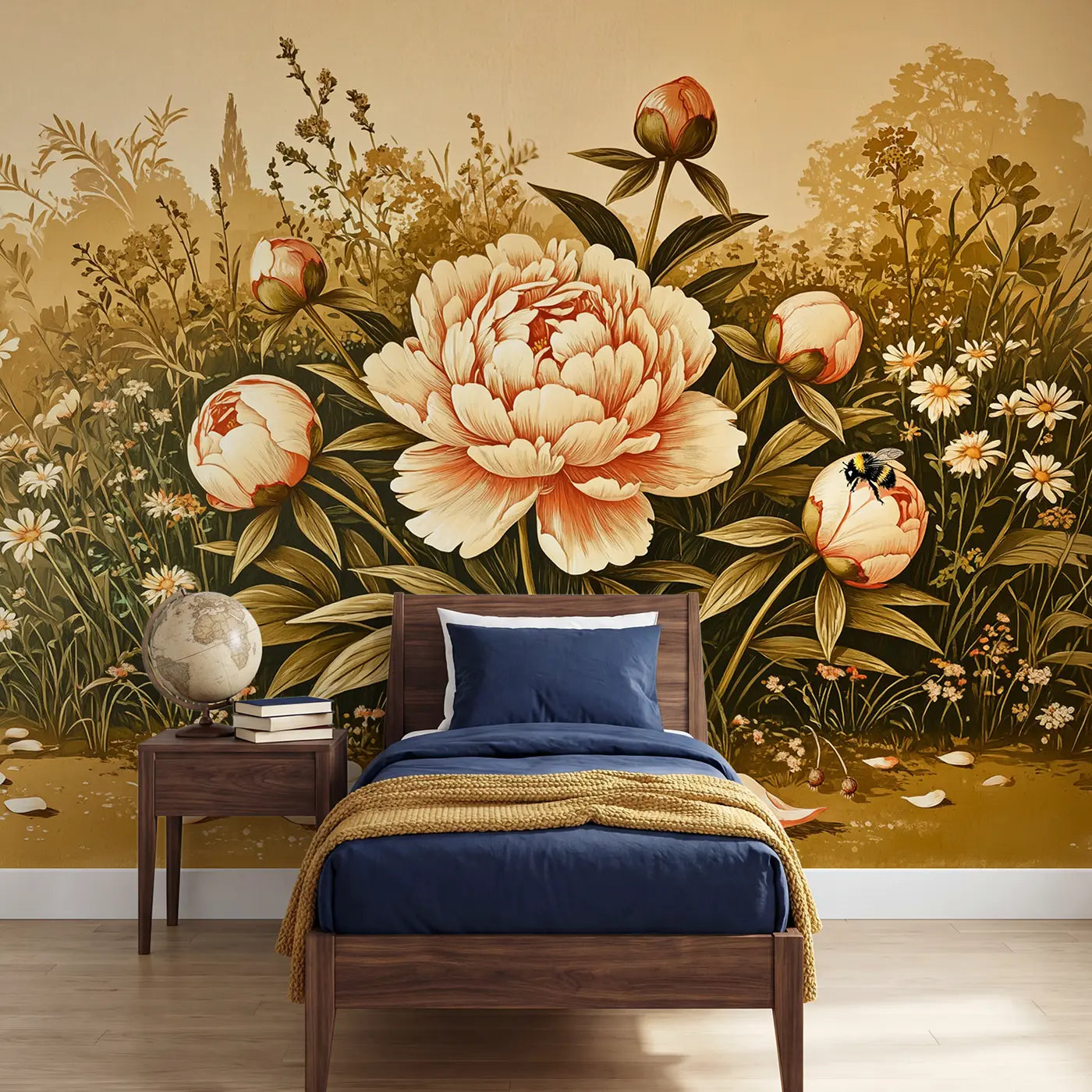 Block print peony and bloom meadow wallpaper mural for kids room by Whimsy Tots