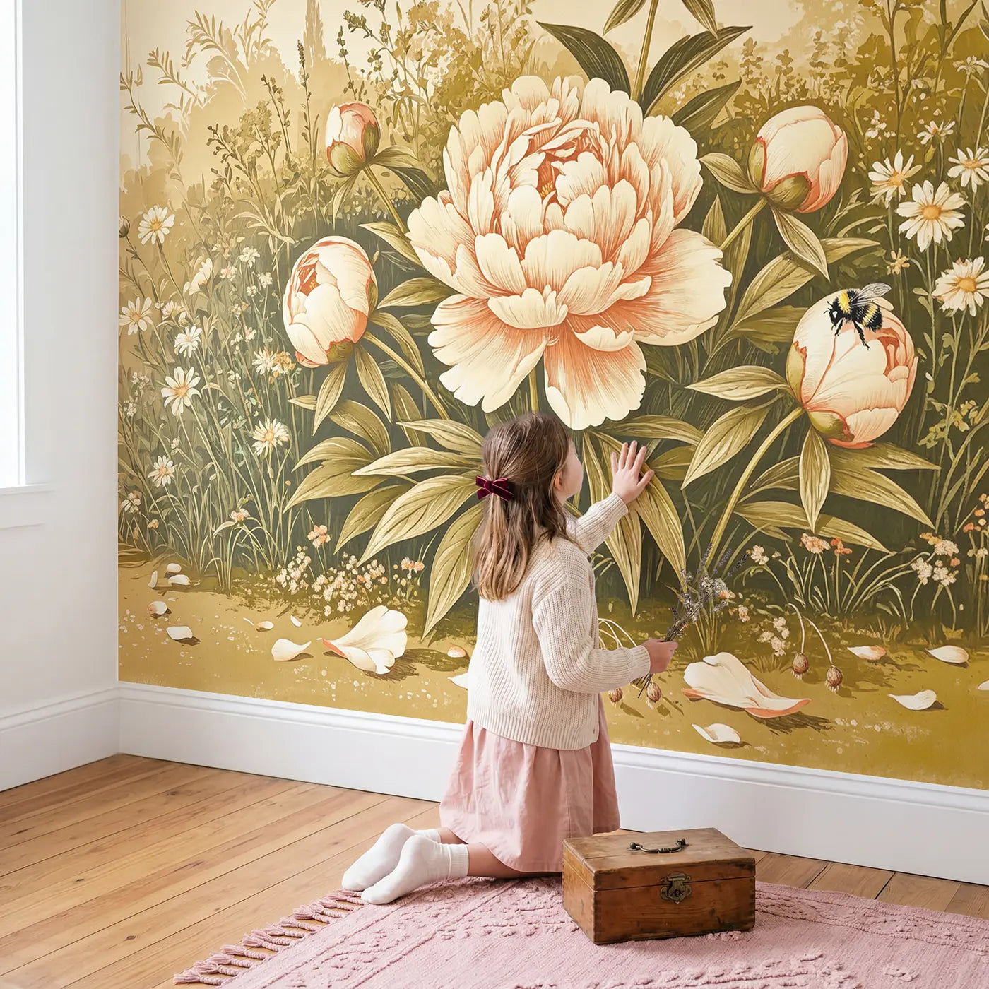 Child in nursery with Oversized Peony Bloom Wallpaper Mural by Whimsy Tots